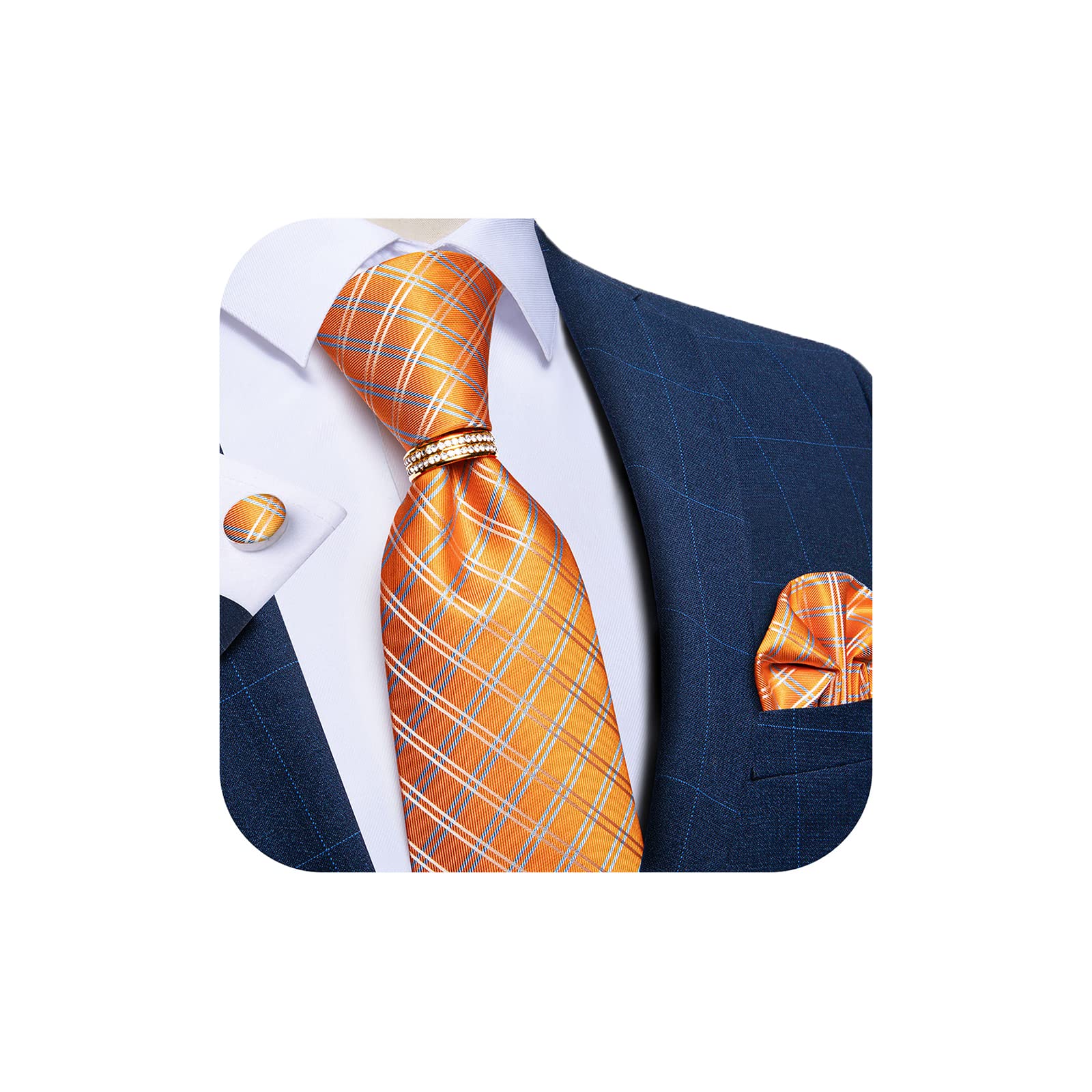 Elegant Plaid Orange Necktie Set with Gold Tie Ring & Cufflinks - Perfect for Weddings-image-8a4973f0-cc1d-4af4-a6f2-d767e8d71b24-63777