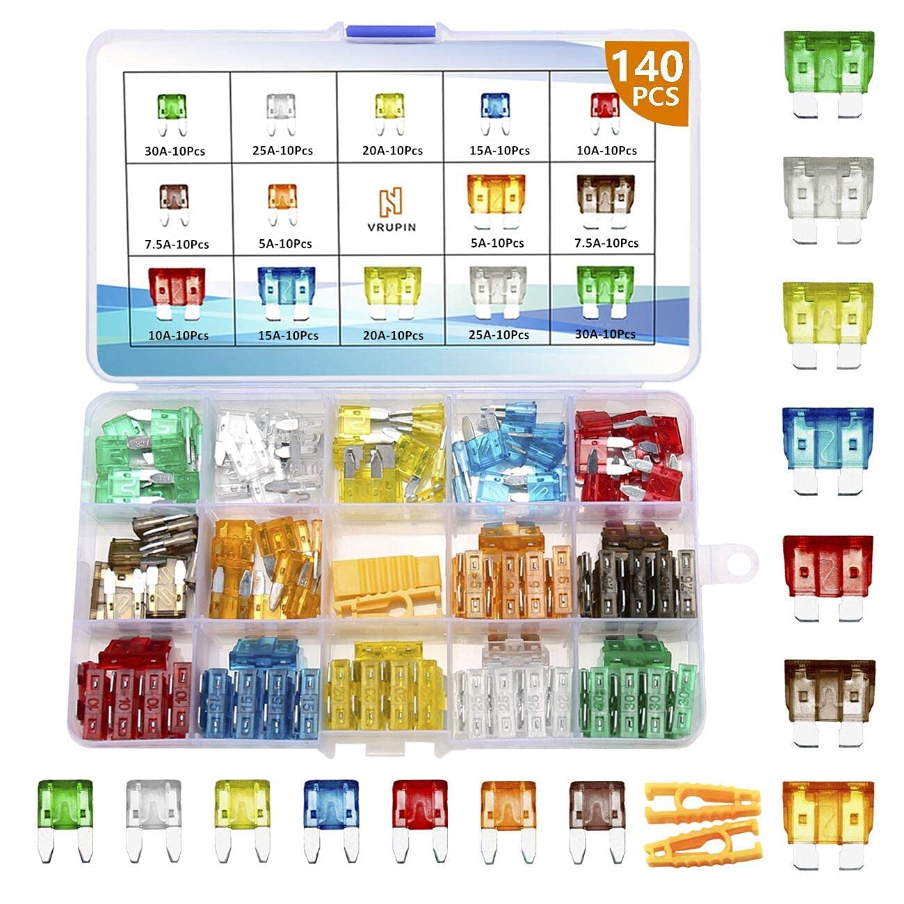 140Pcs Car Fuses Kit - Standard & Mini Blade-Type Fuses 5A-30A for Cars, SUVs, RVs, Trucks & Boats-image-6752dd5c-242d-4883-829a-440ec39e6f3e-65420