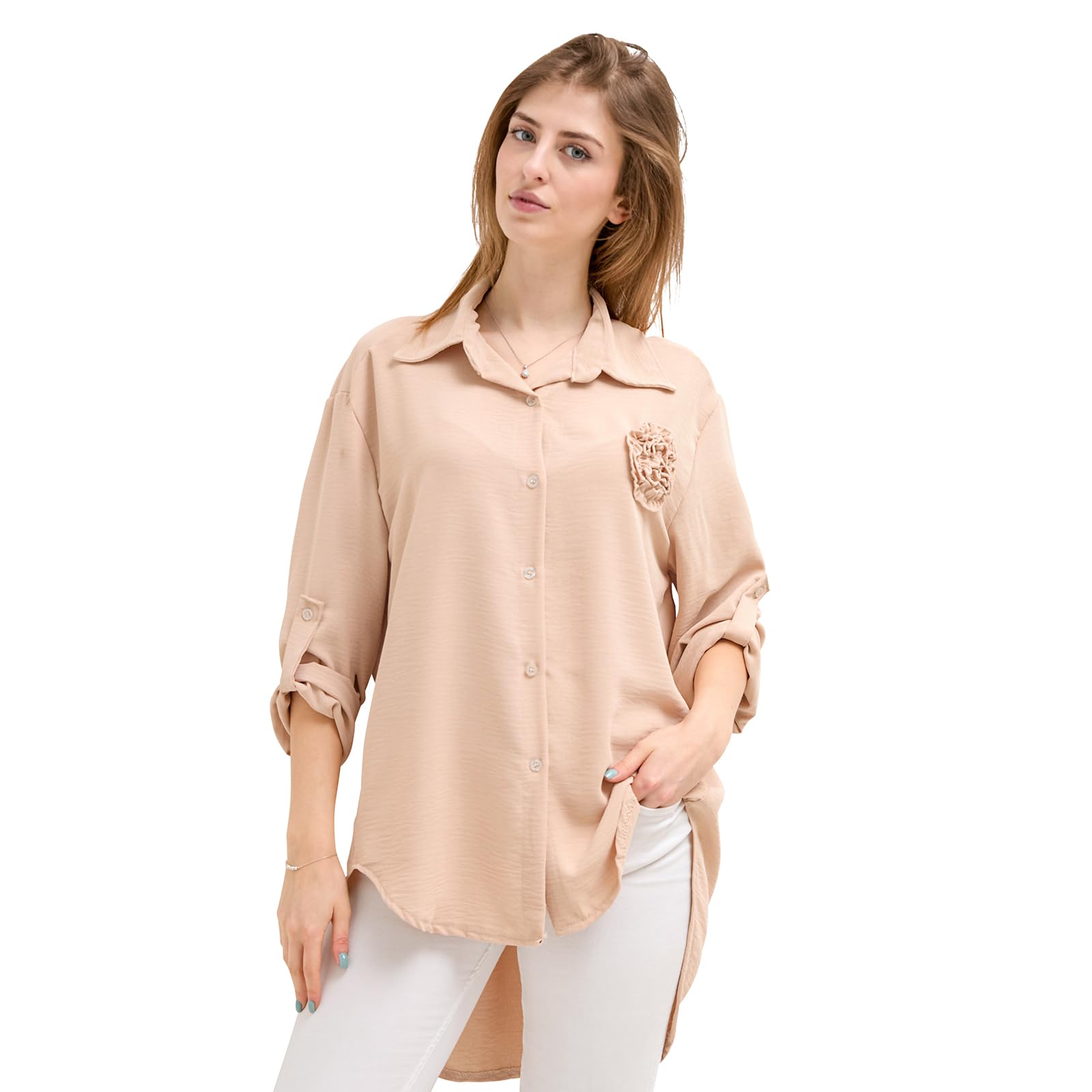 Elegant Women's Long Sleeve Blouse - Button Down, Loose Fit, One Size, Beige-image-01d9db7e-2616-4fa0-9d8e-4ab2c4b6fa25-68365
