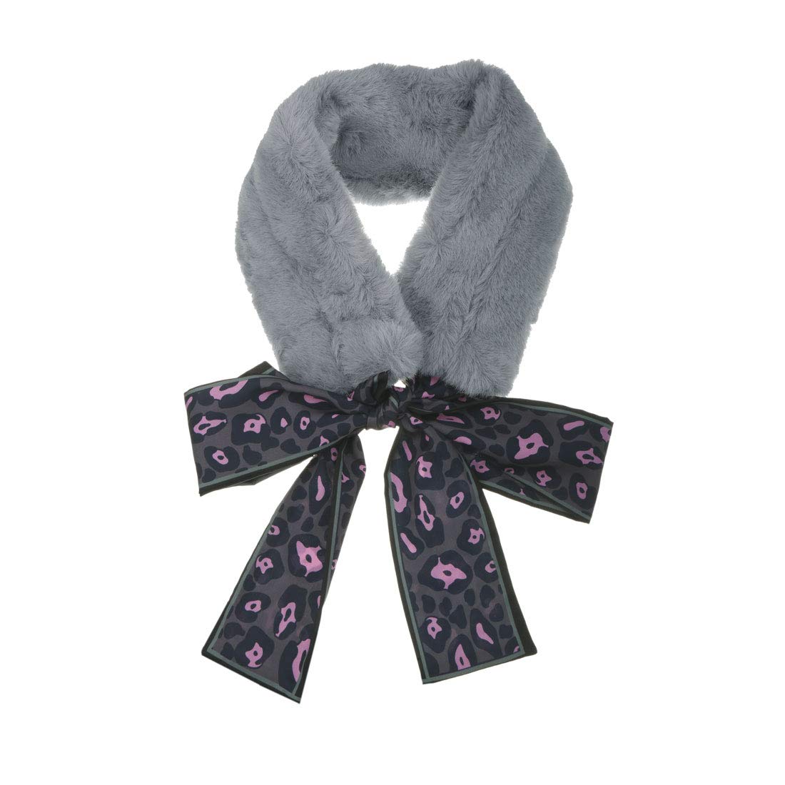 sourcing map Leopard Ribbons Fur Winter Wrap Collar Scarf Plush Faux