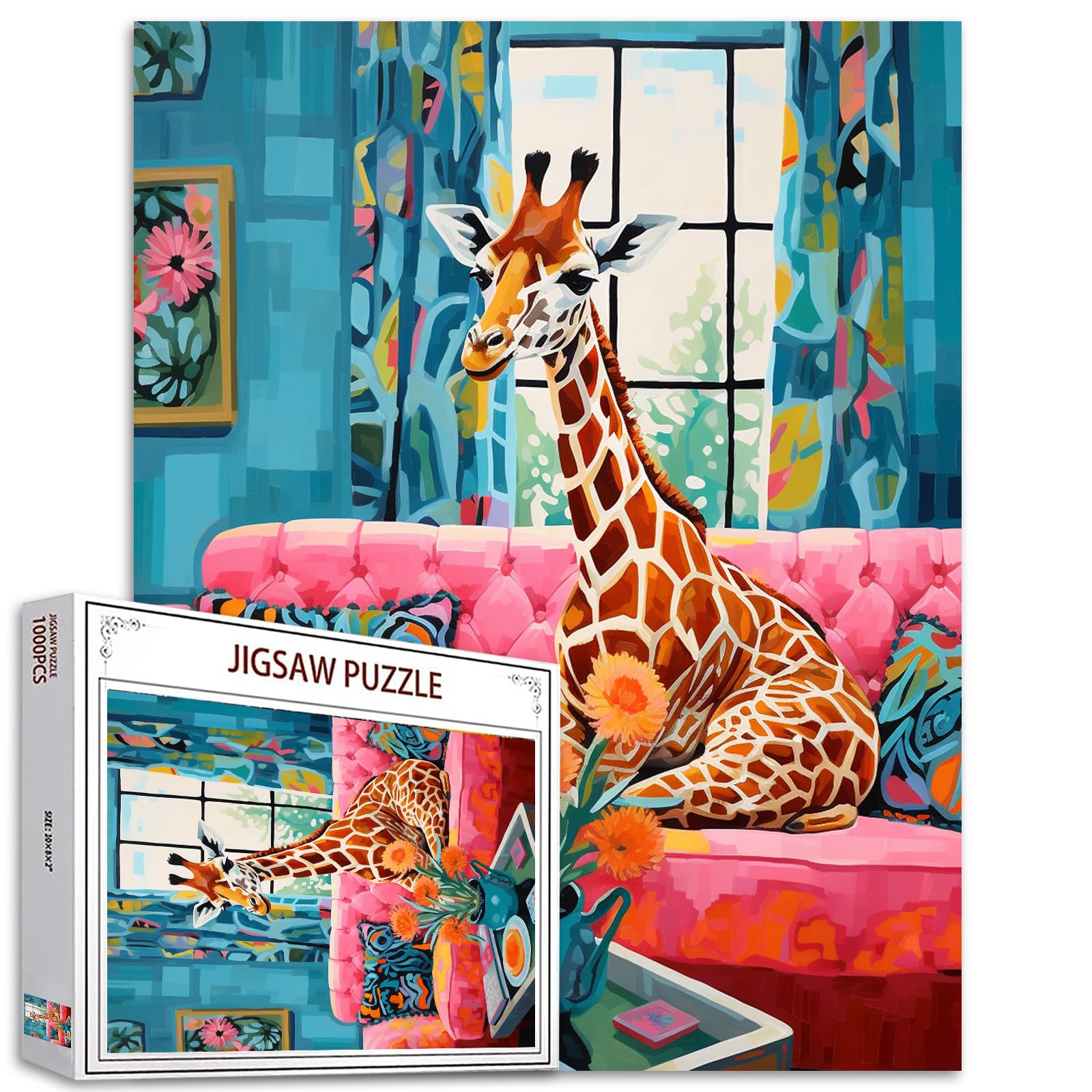 1000 Piece Jigsaw Puzzle for Adults - Cute Giraffe Painting, Retro Art, Fun Family Activity-image-f2141c67-c81a-4860-9022-337077327ce5-74519