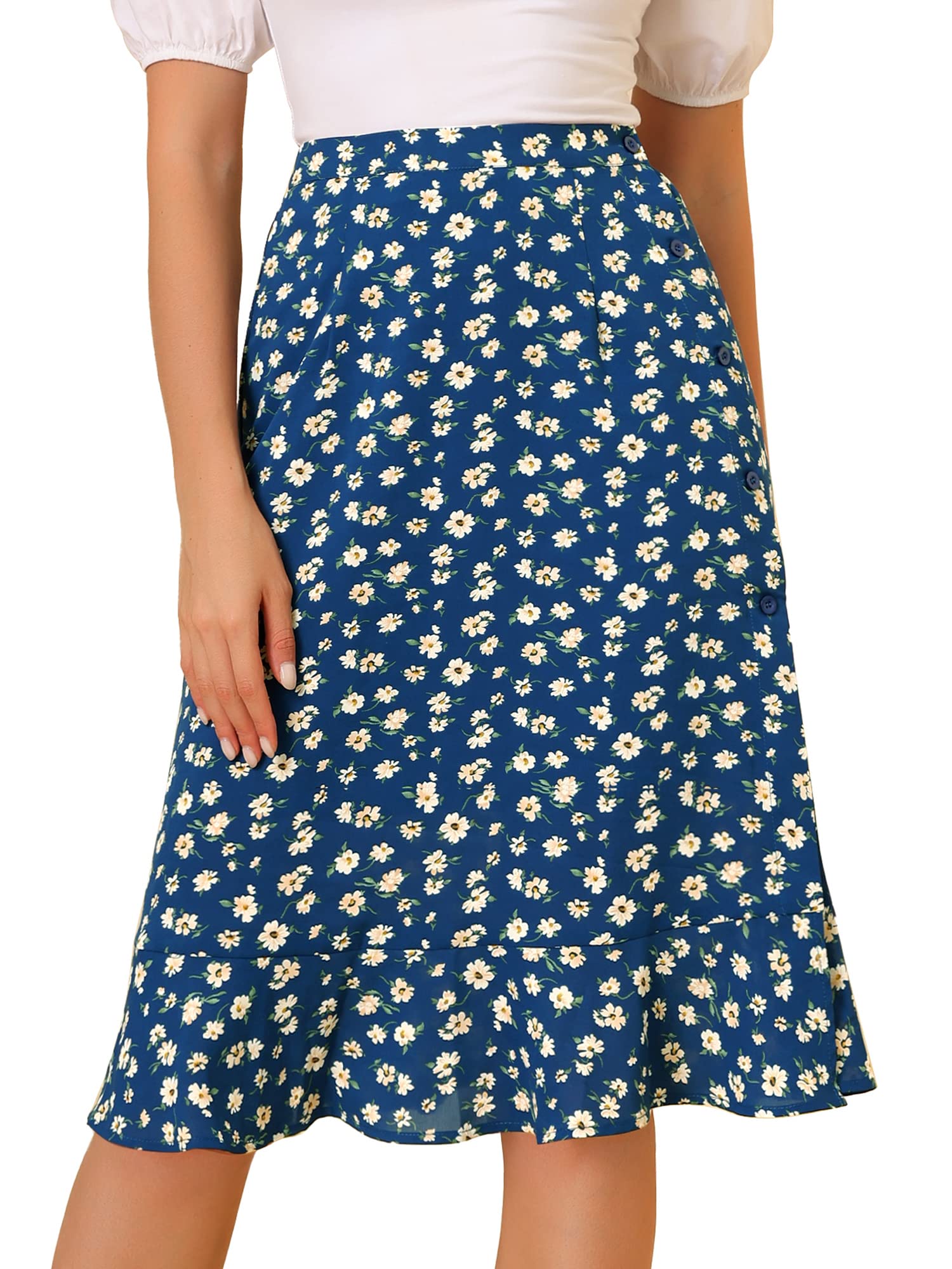 Allegra K Women's Floral Ruffle Hem Elastic Back Button Split Blue S-8-image-d0e73a79-4e51-4d15-ae26-d585918215fb-60808
