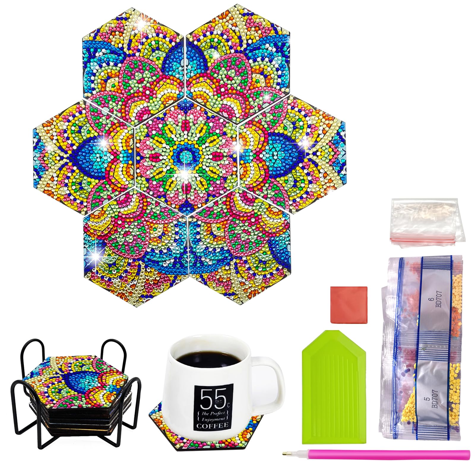 7PCS Diamond Painting Coasters with Holder - DIY Art Mandala Hexagonal Cup Mats for Crafting Lovers-image-a6e3ffeb-e492-4b23-8bc9-8f16552d7ce0-65794