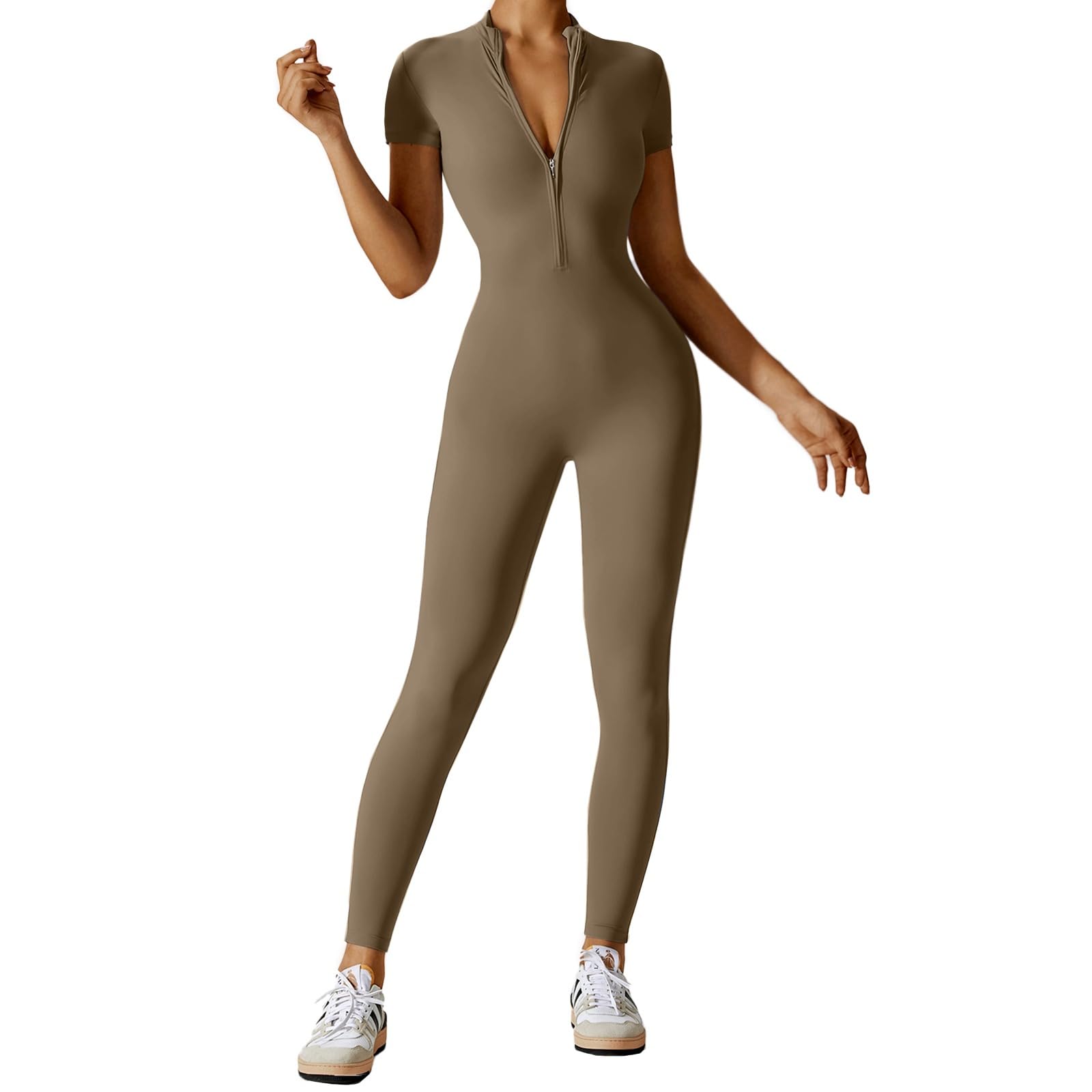 Women's Yoga Jumpsuit Zip-up Unitard Short Sleeve Bodysuit Stretchy Bodycon Playsuit-image-5fc6368b-b282-47a1-837c-f8446759d860-76984