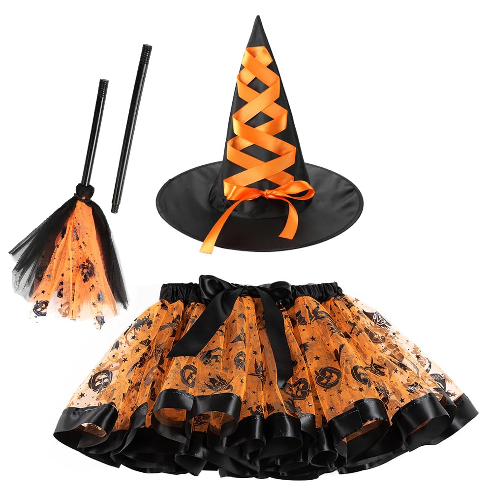 Halloween Witch Costume For Kids Orange Tutu Skirt, Hat Broom