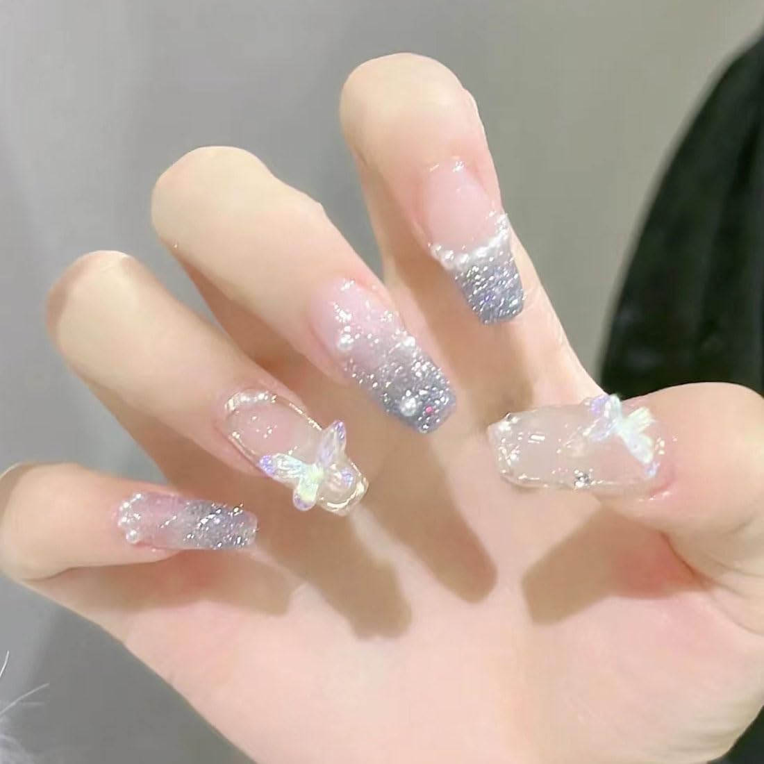PCS French Mid-length False Nails With Silver Pearl Butterfly 24 Pink-image-1f168465-cfa2-4bdb-98d3-f519b715f97f-59260