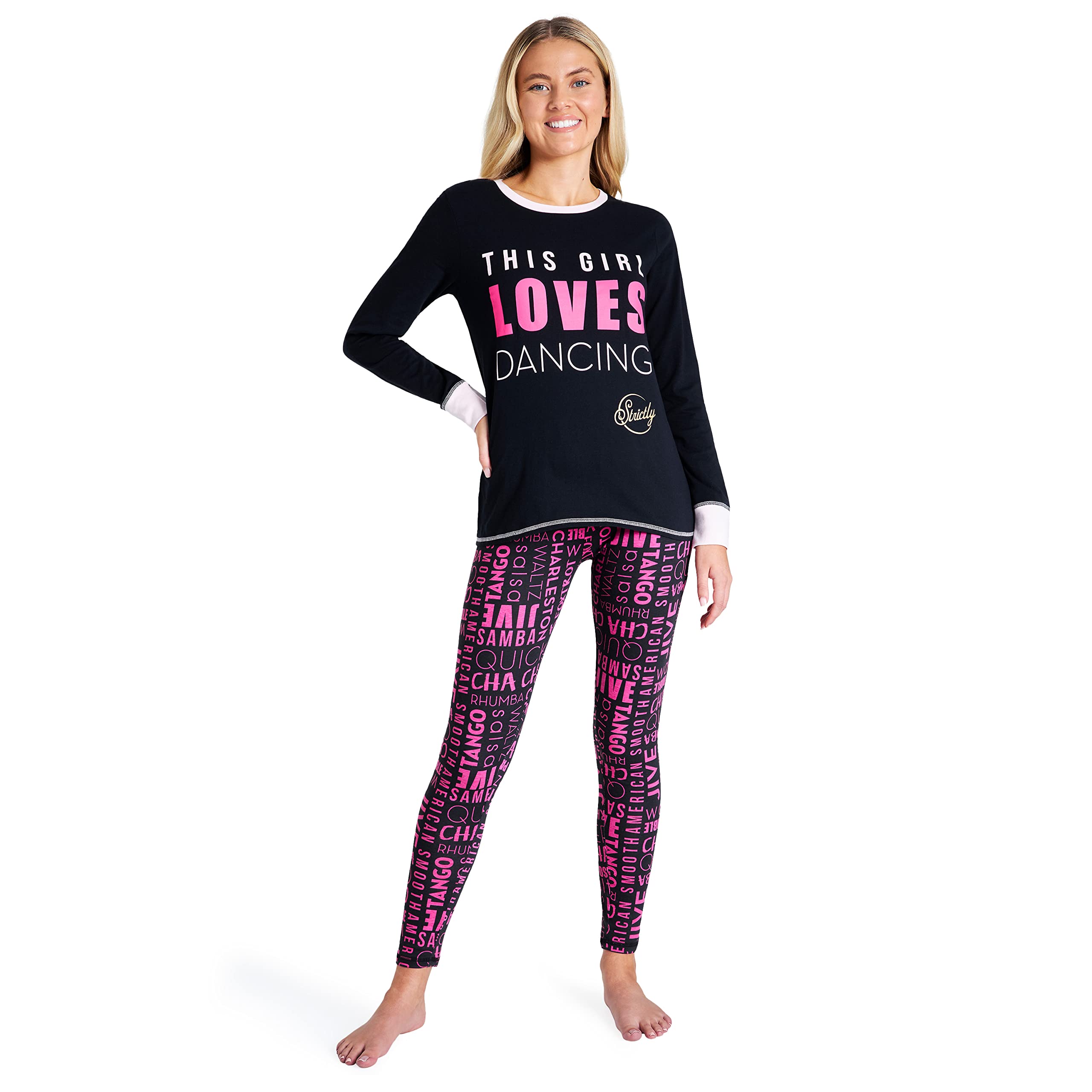 Ladies Strictly Come Dancing Pyjama Set - Cotton-Rich, Long Sleeve Top & Trousers, S-XL (Black, M)