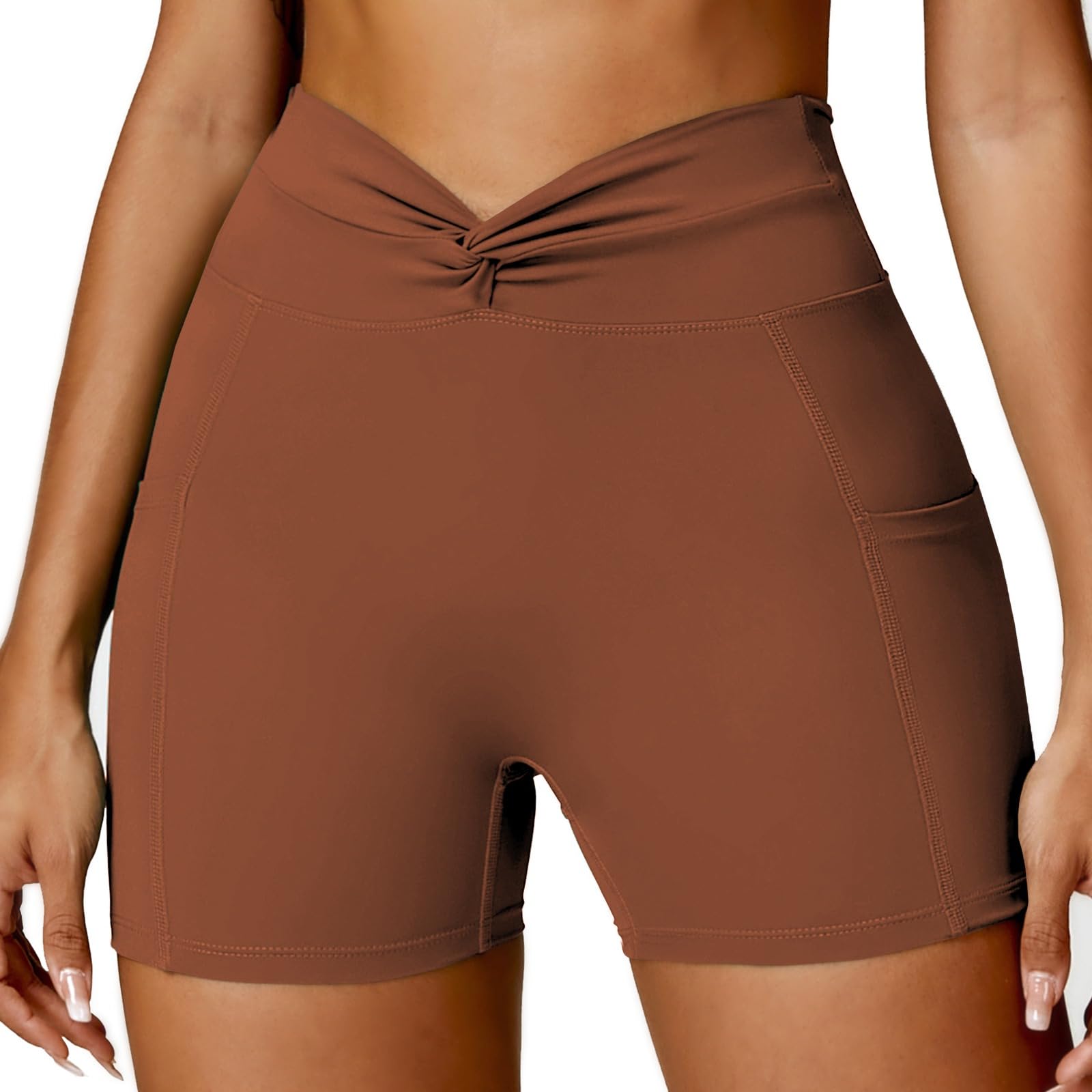 Women's Brown High Waist Scrunch Bum Gym Shorts with Pockets - Tummy Control & Butt Lift