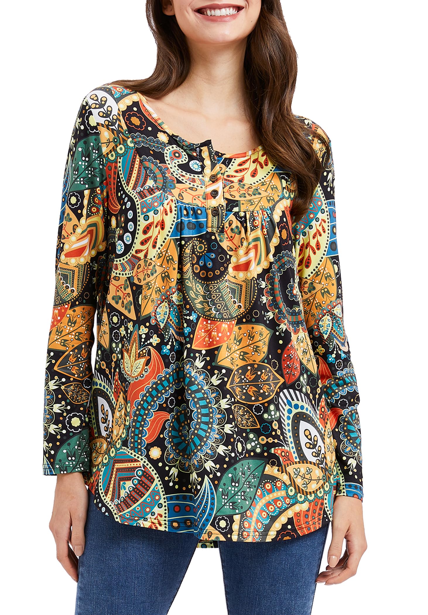 Women's Floral Tunic Top V Neck Blouse - Brown S-image-89457f18-7f35-4462-b8e4-cb26a4061ed0-101512