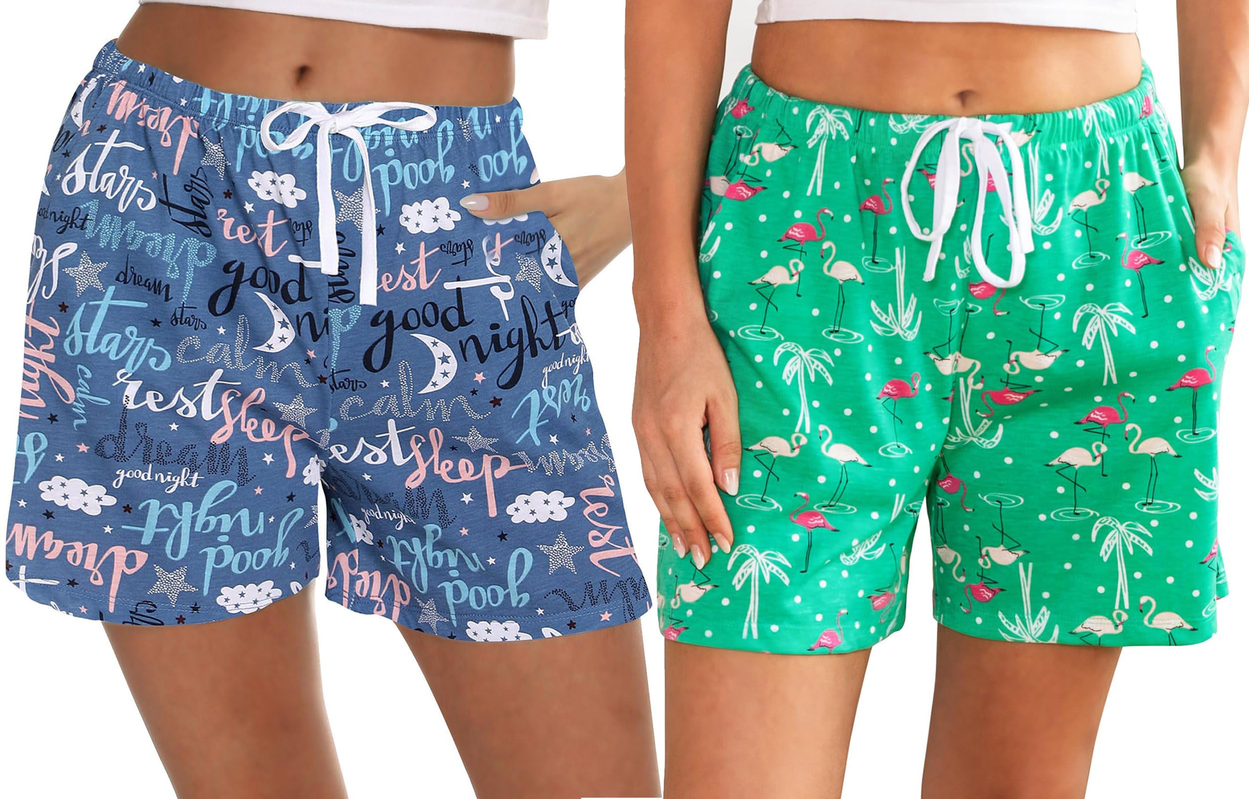 Women's Pyjama Shorts with Pockets - Green Flamingo+Blue Alphabet XXL-image-3bd20099-635b-4866-9625-57826db71e86-103066