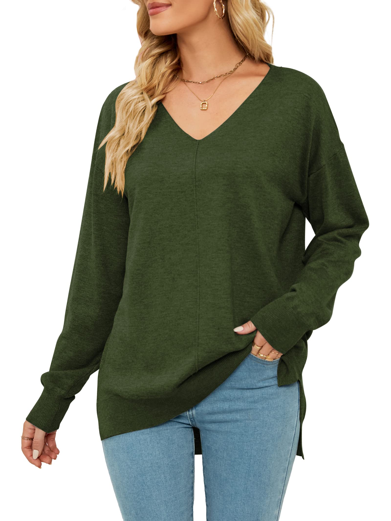Voopptaw Casual Tops for Women Uk Long Sleeves V Neck Hem Slit Green-image-2a375424-36cd-474b-9e53-d5ade4c773e1-53732