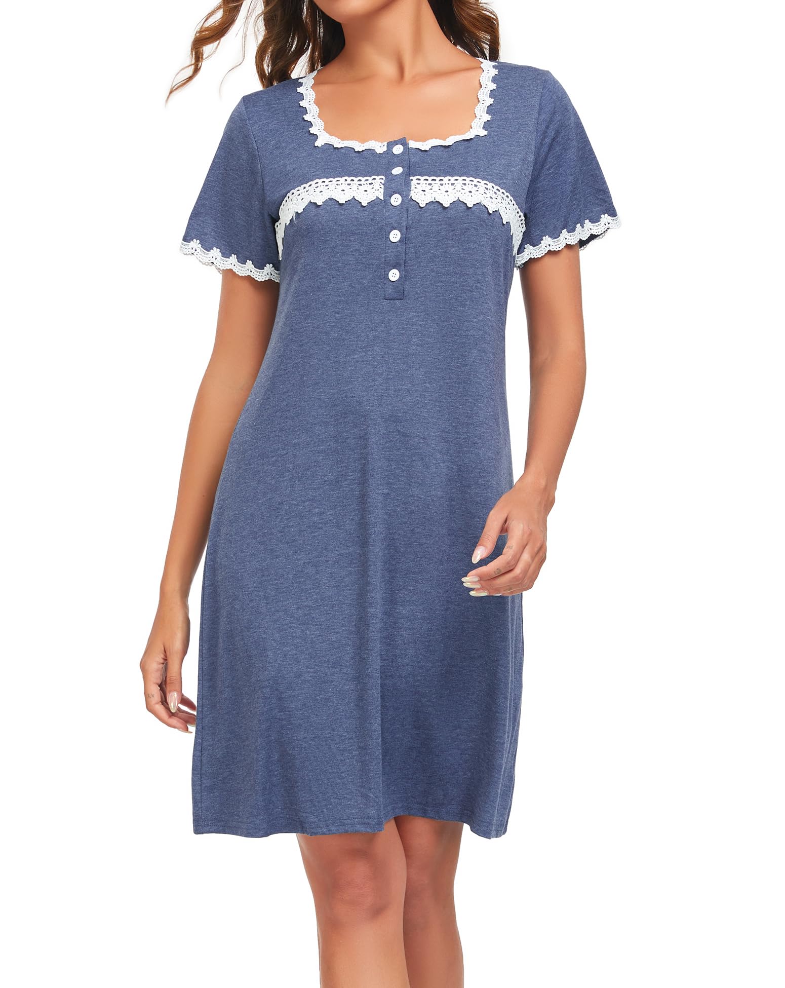 Women's Cotton Nightdress Lace Floral - Navy Blue XXL