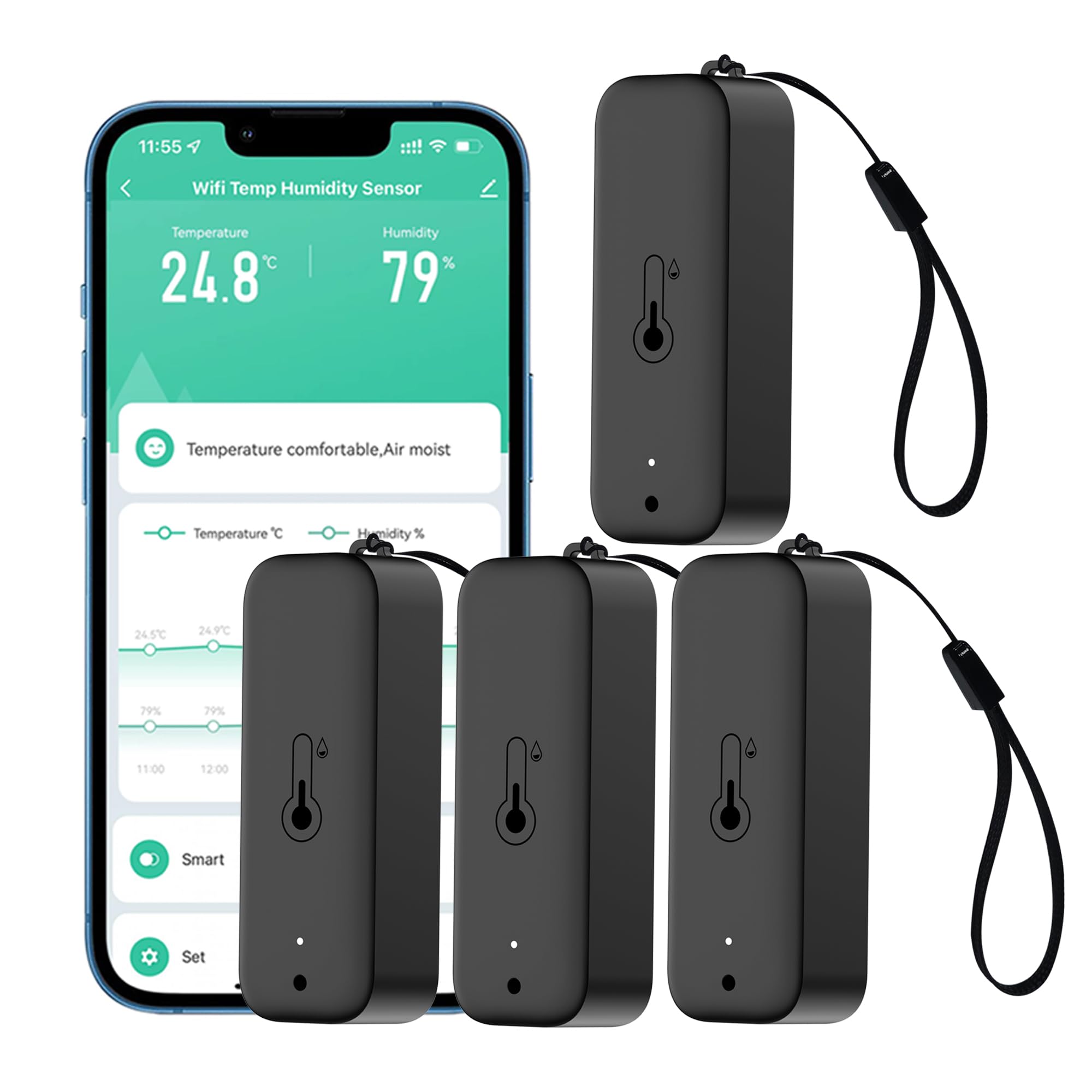 Wi-Fi Smart Thermometer Hygrometer - Black 4 Pack