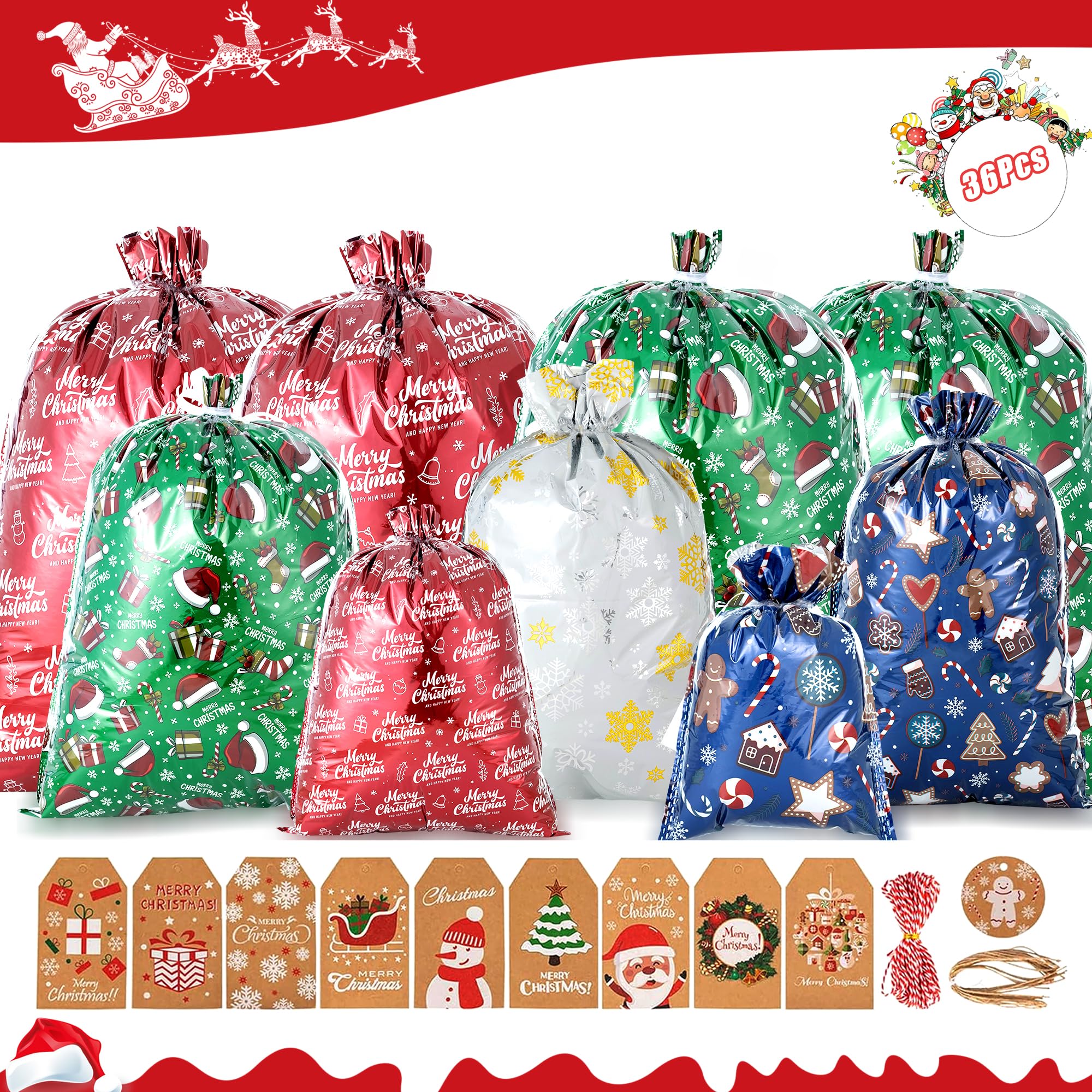 36Pcs Christmas Gift Bags with Drawstring - Assorted Designs & Sizes, Includes Tags & Ropes-image-5f1277f8-d8c2-468f-a114-f0f58f03d4a9-67971
