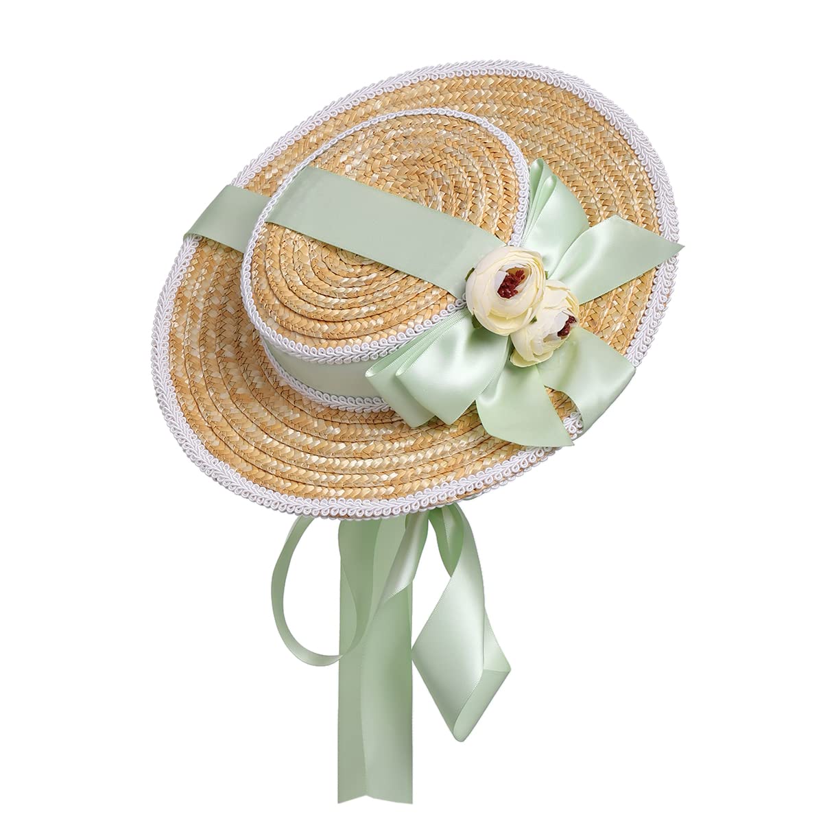 Victorian Straw Hat with Bow and Flower - Light Green One Size-image-90b5e3c1-561b-4567-aa39-ef199ebcb943-121330