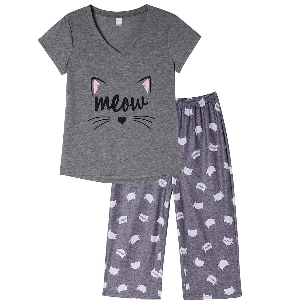 Cropped Cat Print Pyjamas Set - Grey Cat, Size M-image-b8342d6c-0e77-494c-9baf-dbe9ed5a80d3-91572