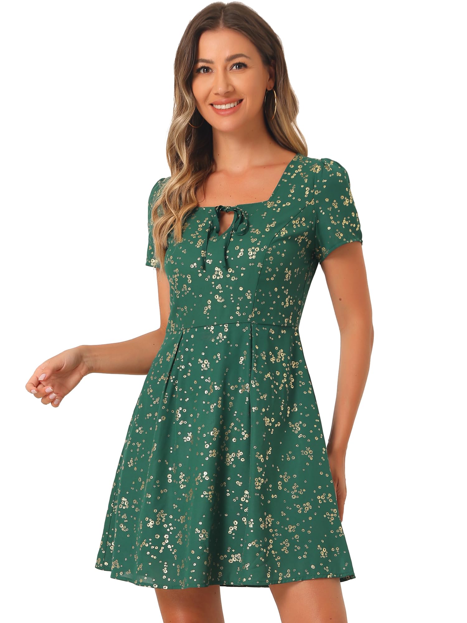 Women'S Dark Green Floral Fit & Flare Dress With Square Neck & Short Slee