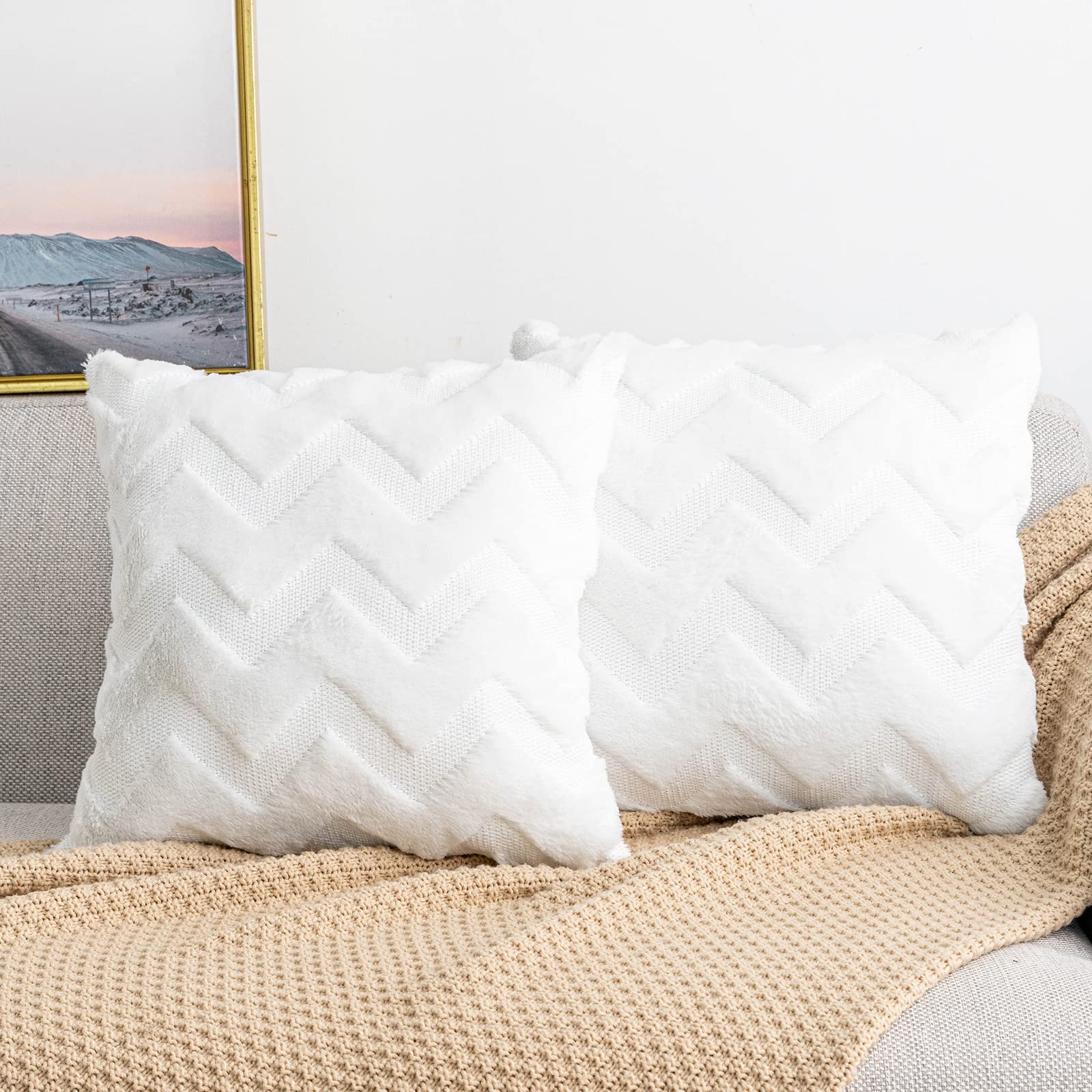 Yamonic Cushion Cover, Set of Short Wool Throw Pillow 2 White,18"x18"-image-507cd6fb-301c-4078-a413-4aaf96307374-57059