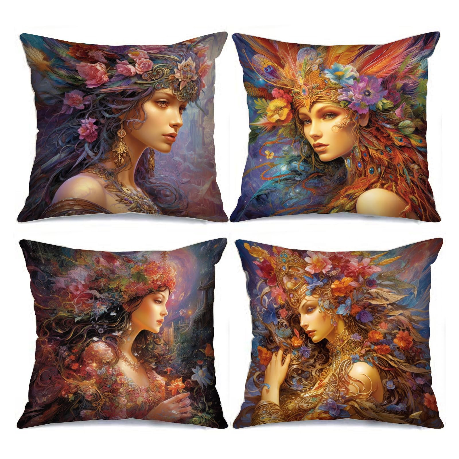 Goddess Woman Throw Pillow Covers Set of 4 - 18x18in, Colourful Floral Design, Modern Abstract Art