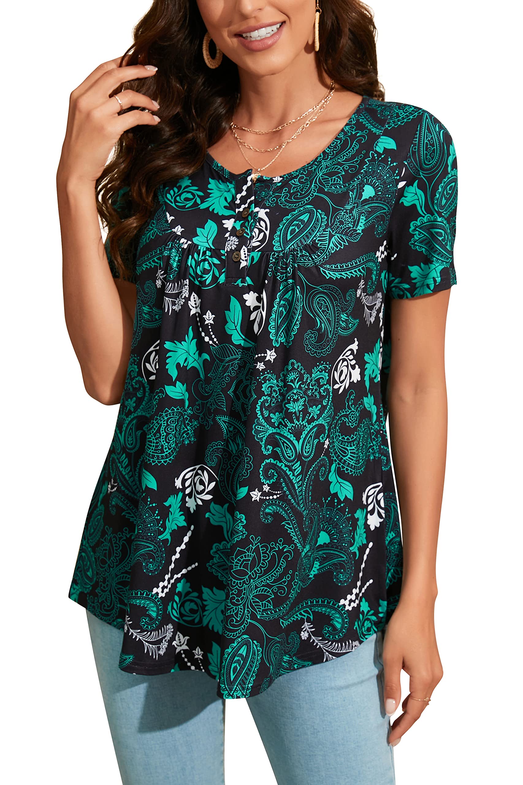 Women's V-Neck Tunic Top - Turquoise/Black S-image-716403d1-e08d-47e2-b3fc-548cad52365d-103896