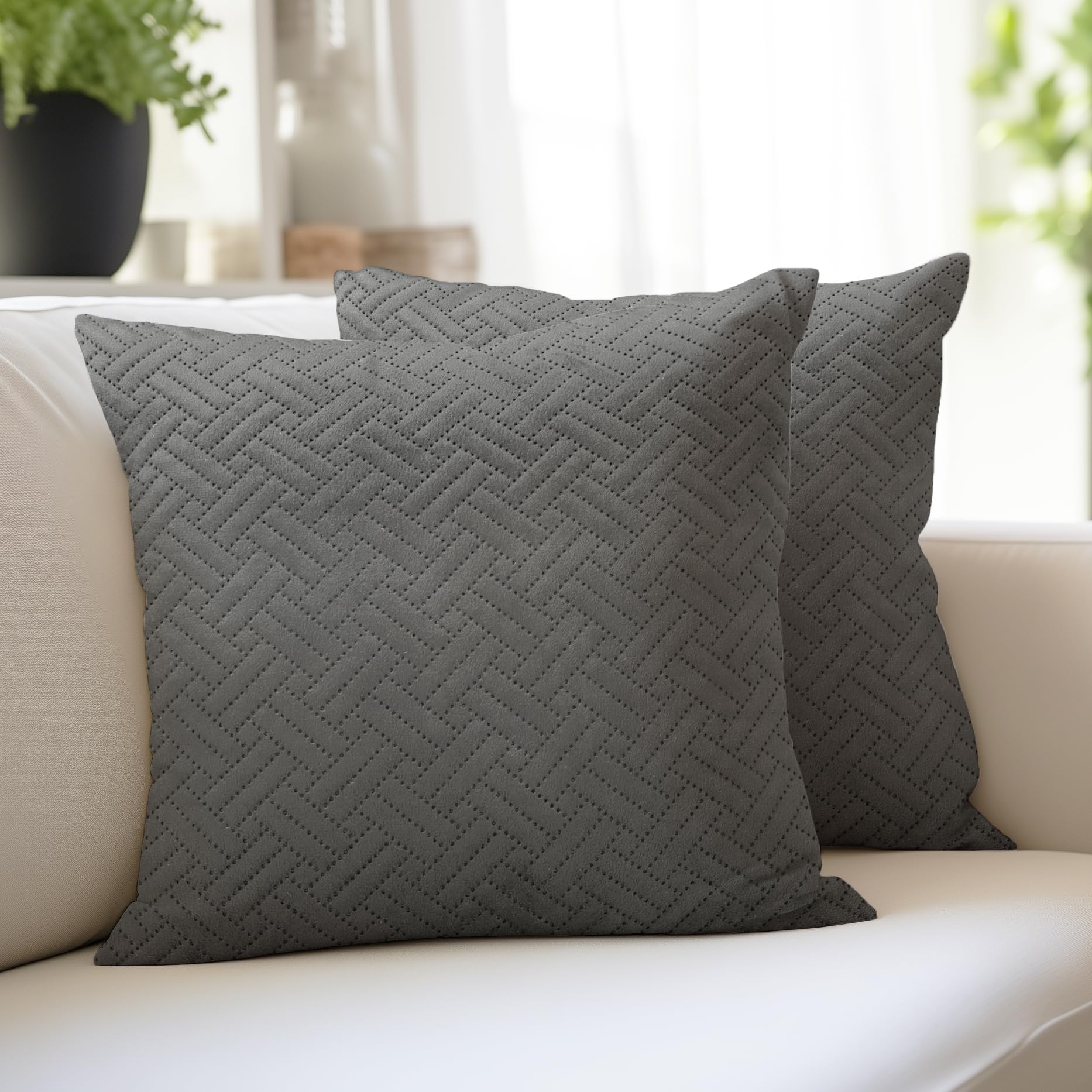 Quilted Velvet Cushion Covers Set of 2 - Dark Grey 40x40 cm