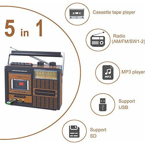 Lychee Draagbare retro cassettespeler en -recorder met AM/FM/SW1-2 vierbandradio, ingebouwde luidspreker, 3,5 mm hoofdtelefoonaansluiting, ondersteunt SD/USB-ingang (F-319BT Lychee Draagbare retro cassettespeler en -recorder met AM/FM/SW1-2 vierbandradio, ingebouwde luidspreker, 3,5 mm hoofdtelefoonaansluiting, ondersteunt SD/USB-ingang (F-319BT