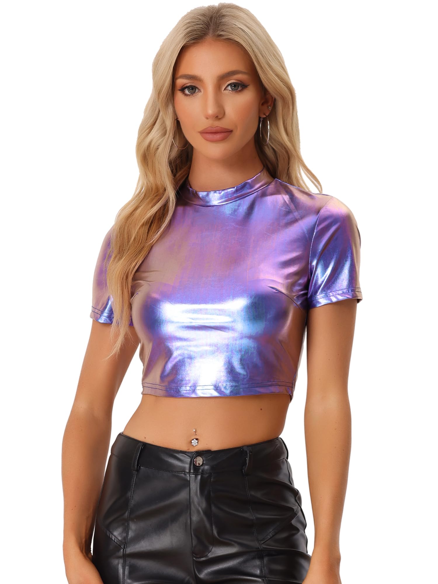 Allegra K Women's Short Sleeve Crop Top Mock Neck Party Metallic Blue-image-f58200ec-67c1-465a-b7eb-98aee0f86bd0-65017