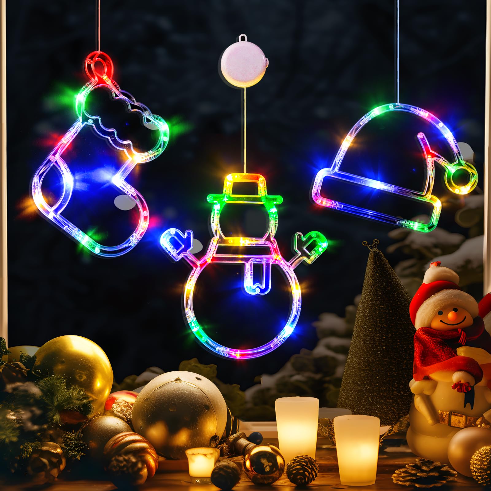 Multicoloured Christmas Window Lights - Stocking, Snowman & Santa Hat with Timer & Suction Cup-image-8f6a2544-b1d7-4c10-9e10-a08a4a57c705-45951