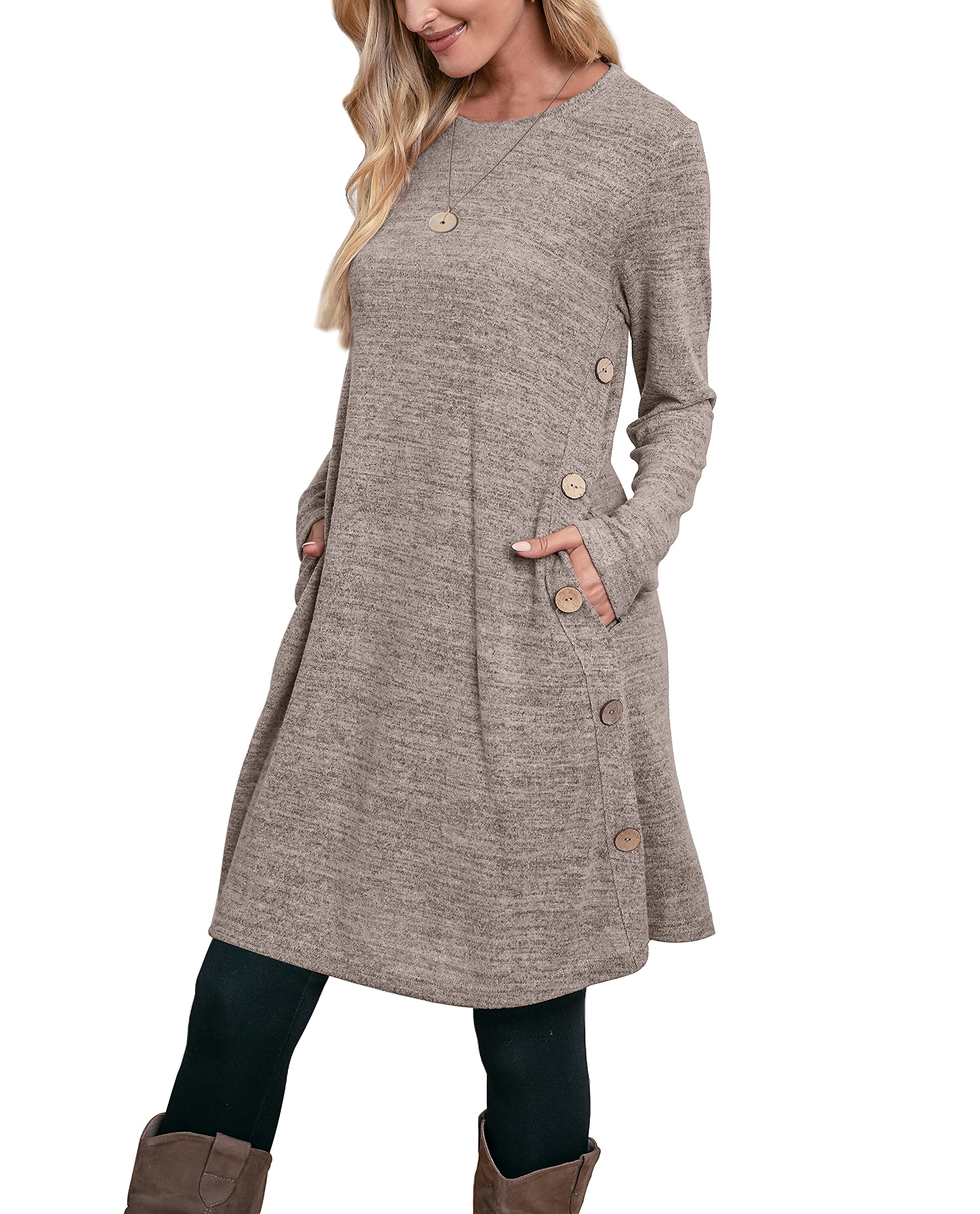Women's Jumper Dress Button Tunic - Khaki M-image-c7cc1692-125d-4693-a33d-26f0aa60409e-118145