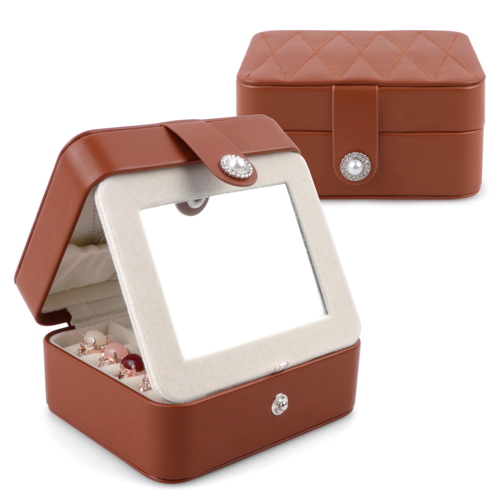 Travel Jewellery Box with Mirror - Brown S12.5x10.5-image-4fe43a92-9e35-4991-94f1-276708dbb18e-100215