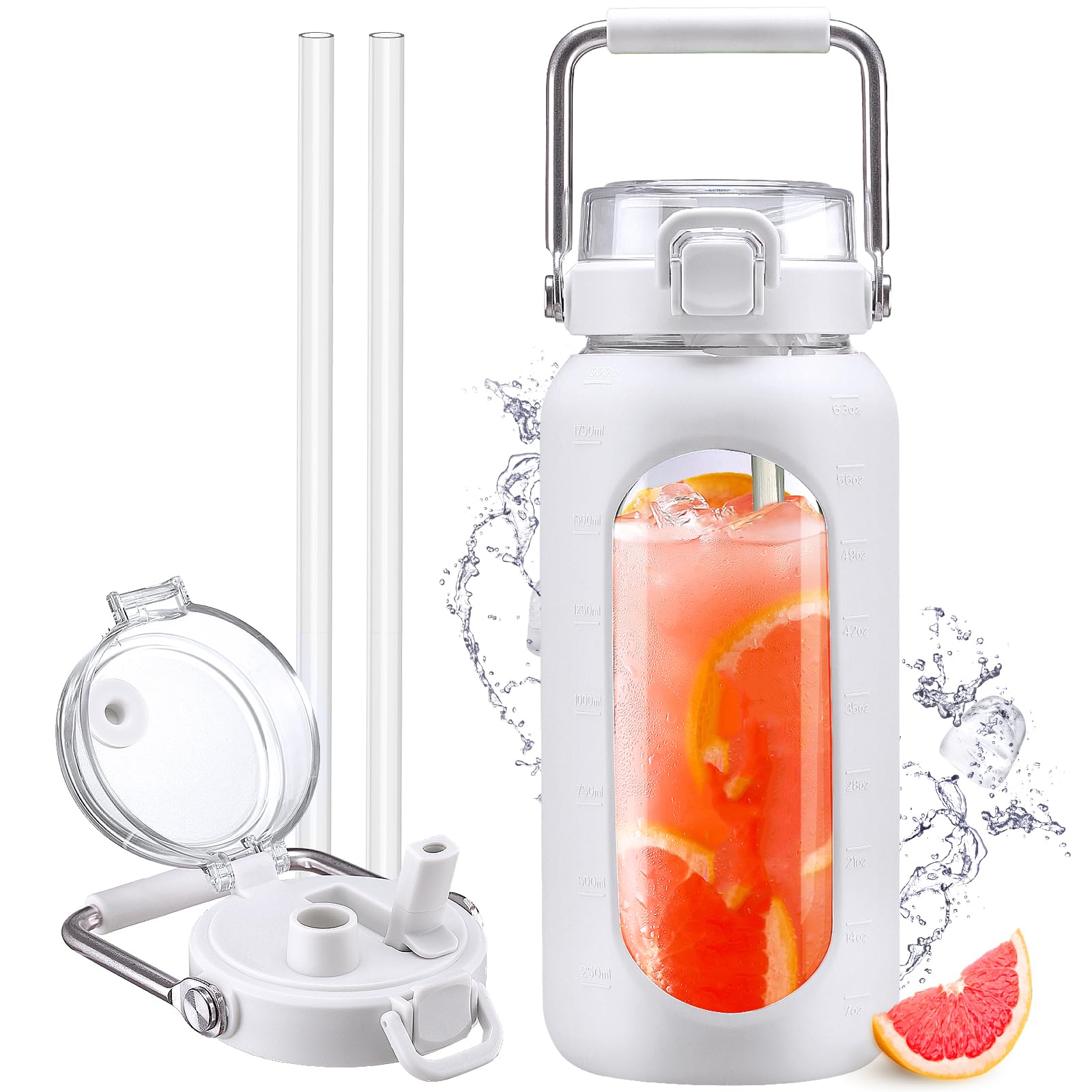 2L Glass Water Bottle with Straw & Marker - White 1893ml-image-563da183-e468-404c-871e-6122164bfcdc-96795