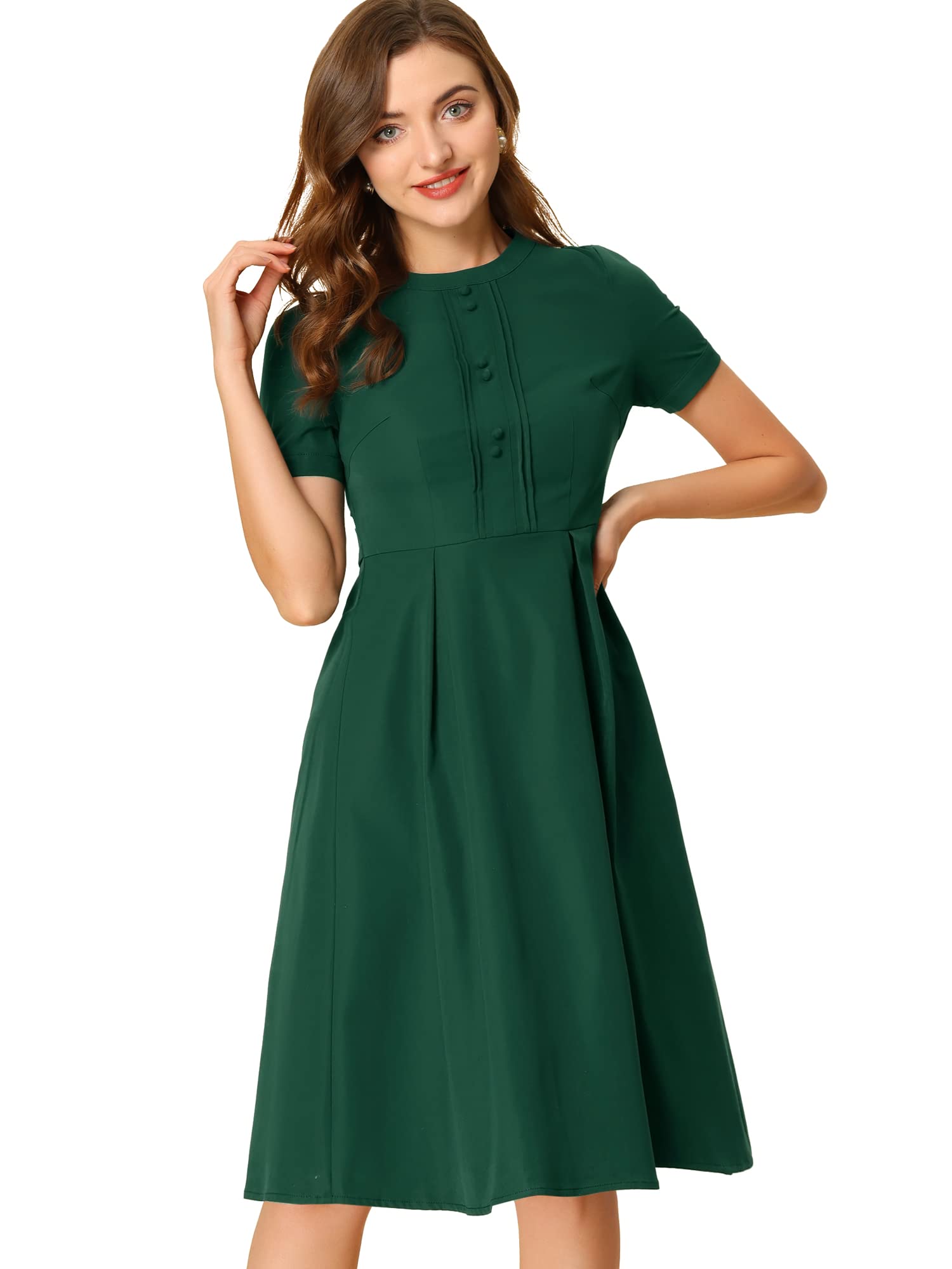 Elegant 1950s Vintage Dark Green Midi Dress - Round Neck, Short Sleeve, P