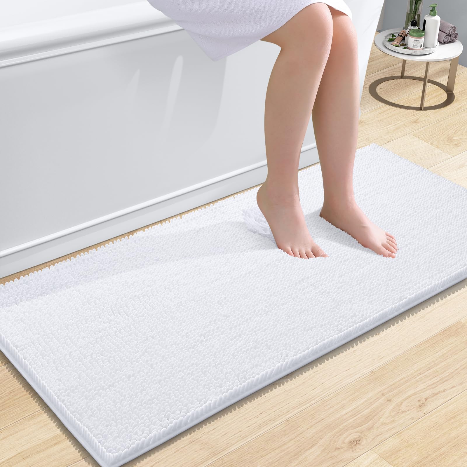 Chenille Bath Mat Non-Slip - White 60 x 120 cm