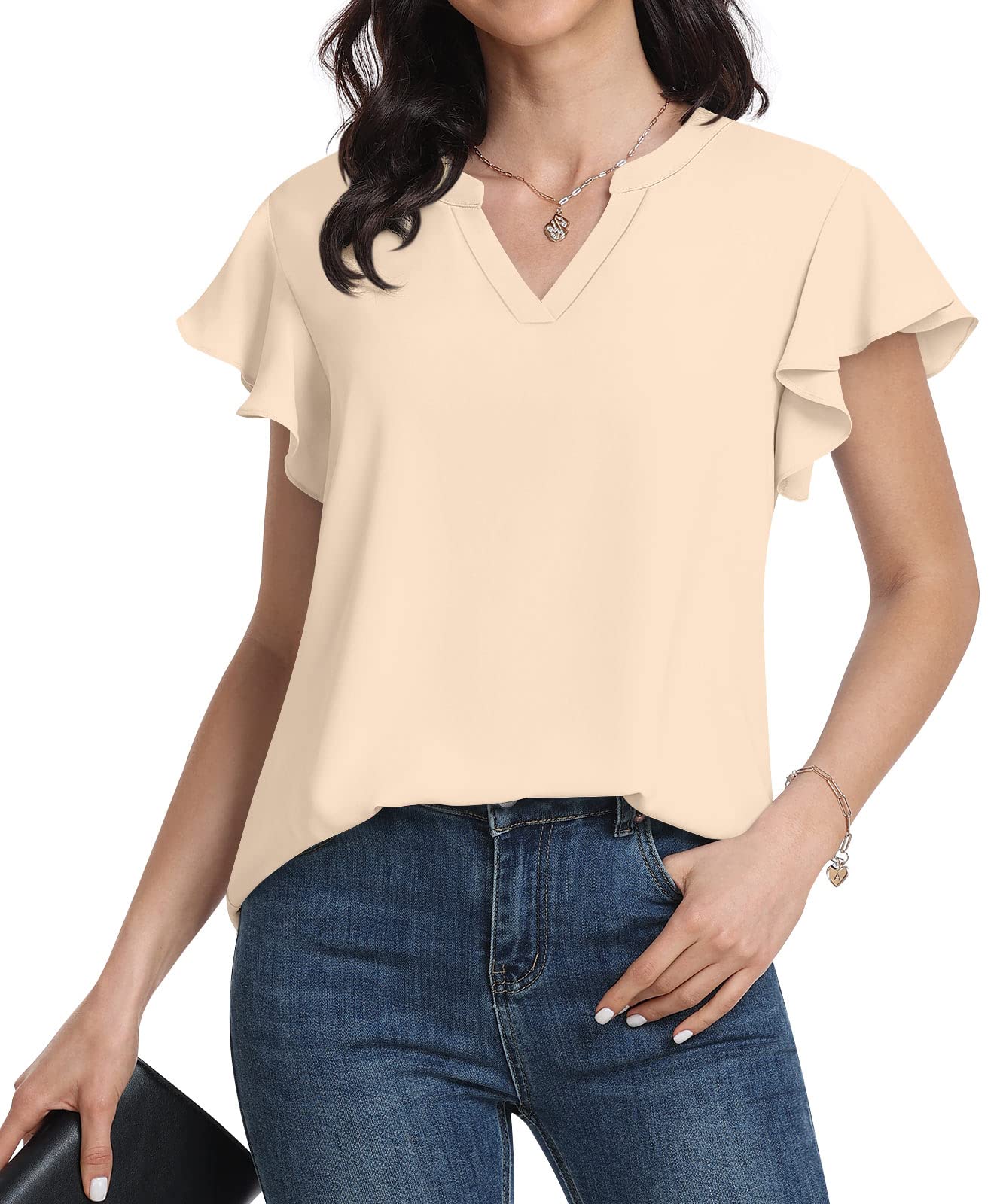 Anyally Women’s Notch V Neck Tops Dressy Casual Chiffon Blouse Summer