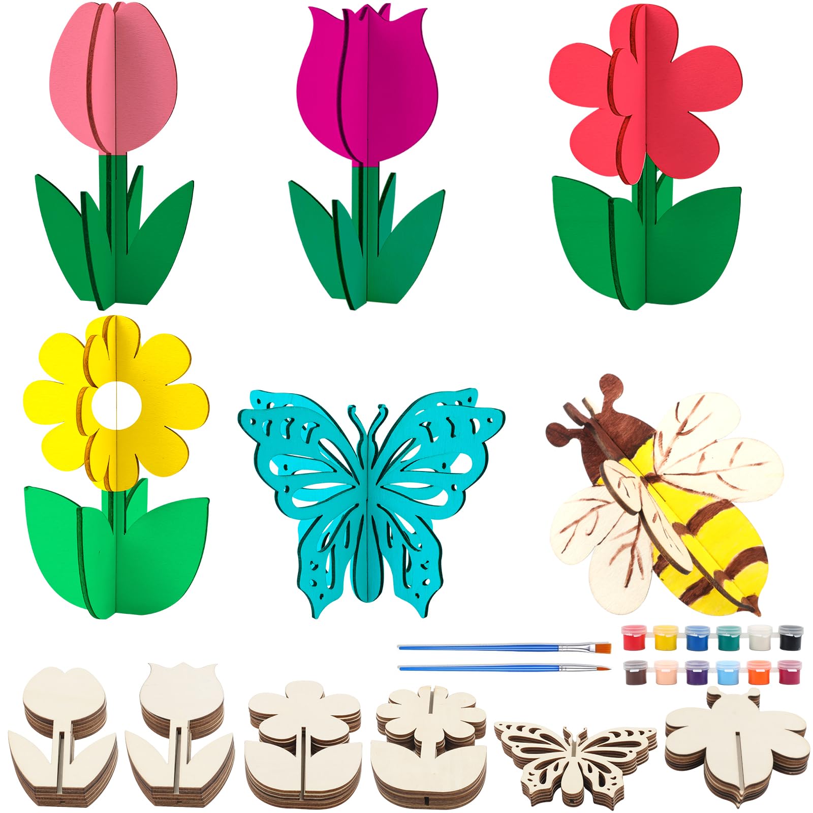 Fangoo 24 PCS 3D Wooden Flowers & Insects Craft Kit with Acrylic Paints for DIY Home Decor-image-de7d77c1-4c19-479e-9e50-205f0b6bde1f-60144