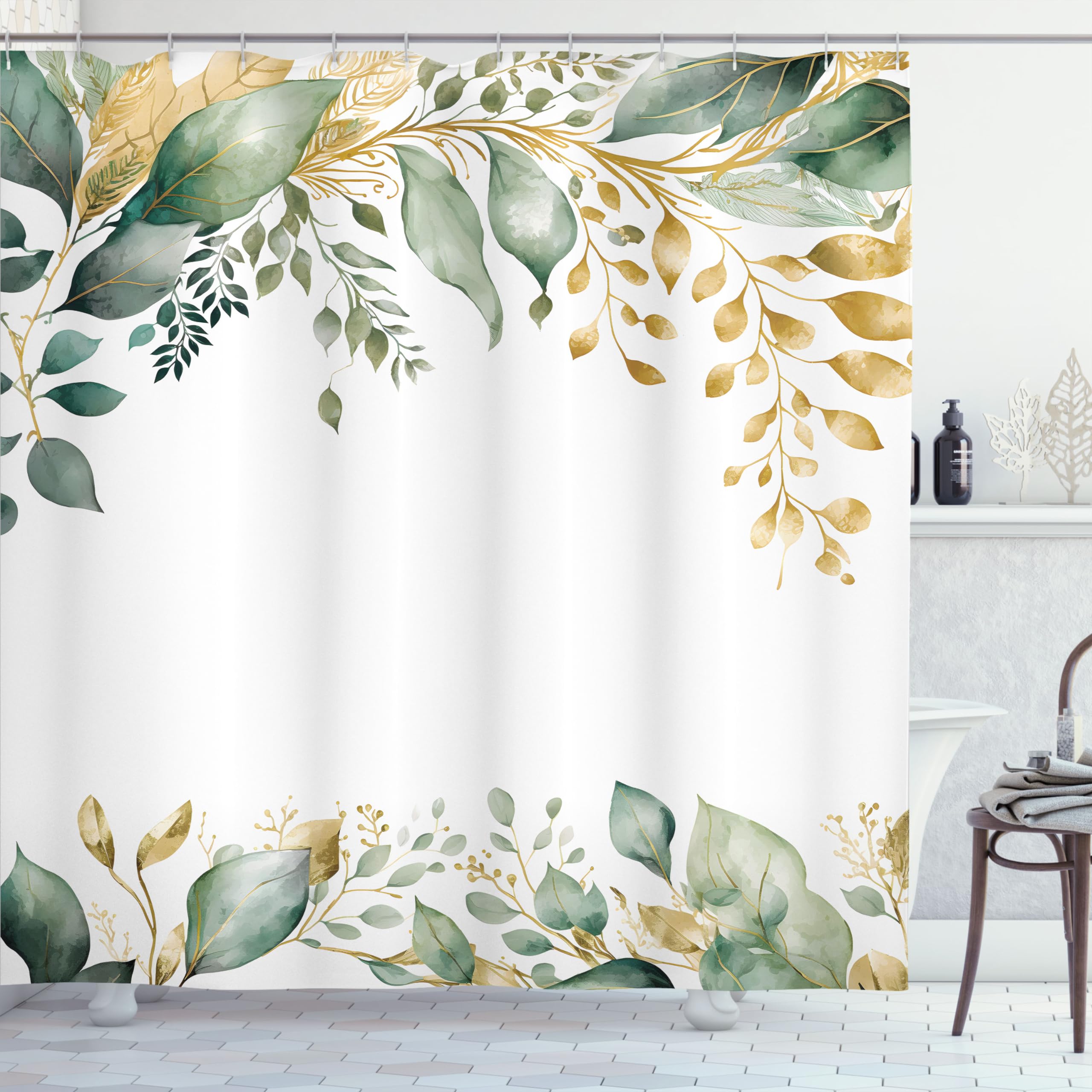 Eucalyptus Shower Curtain 175x200cm - Watercolor Botanical Design, Dark Mustard Reseda Green-image-f387cffa-7c77-4727-81d1-ffe8d9ceb186-63628