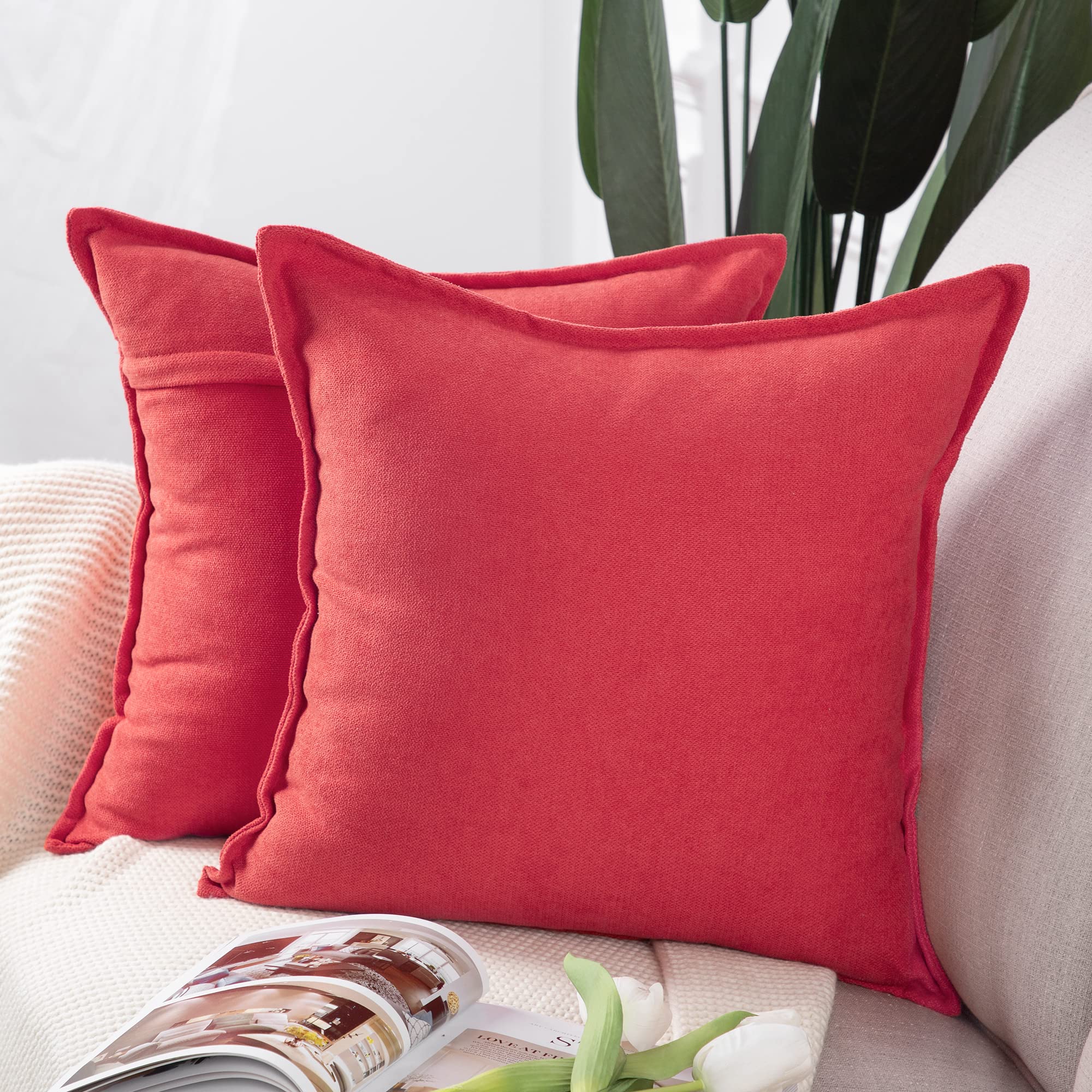 Chenille Cushion Covers Set of 2 - Red 50x50cm