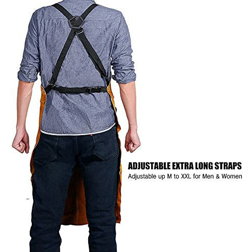 Leather Welding Apron For Men & Women - 40x24 Inch Cowhide Apron With 6 Tool Pockets, Flame Retardant, Heavy Duty