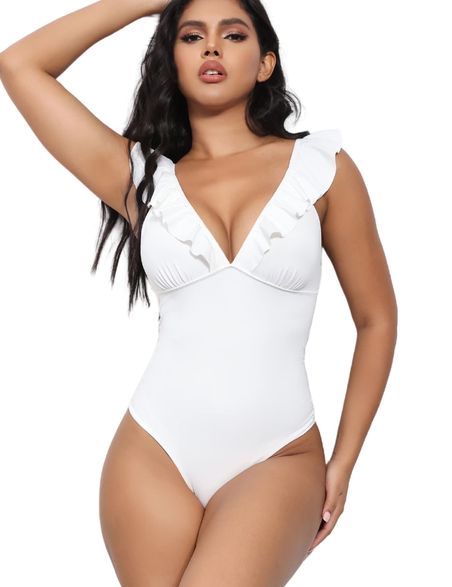 Women's V-Neck Ruffled Bodysuit - White S-image-770a3e86-6095-468d-ad6d-359a10fa3189-92518