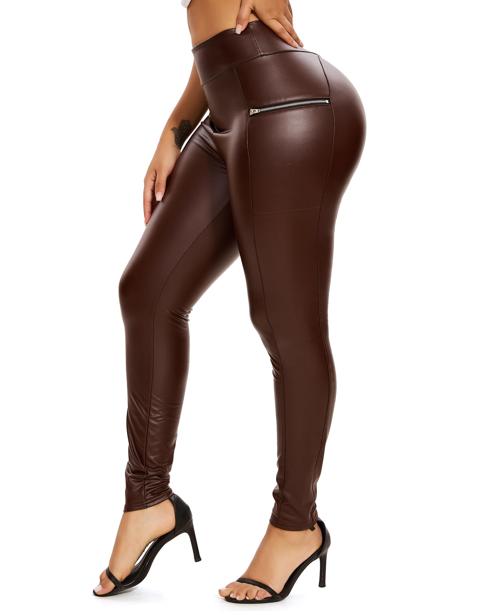 Faux Leather Leggings High Waisted with Pockets - Brown M-image-8c27ff5f-897a-4969-9415-d77e9a5be672-94393