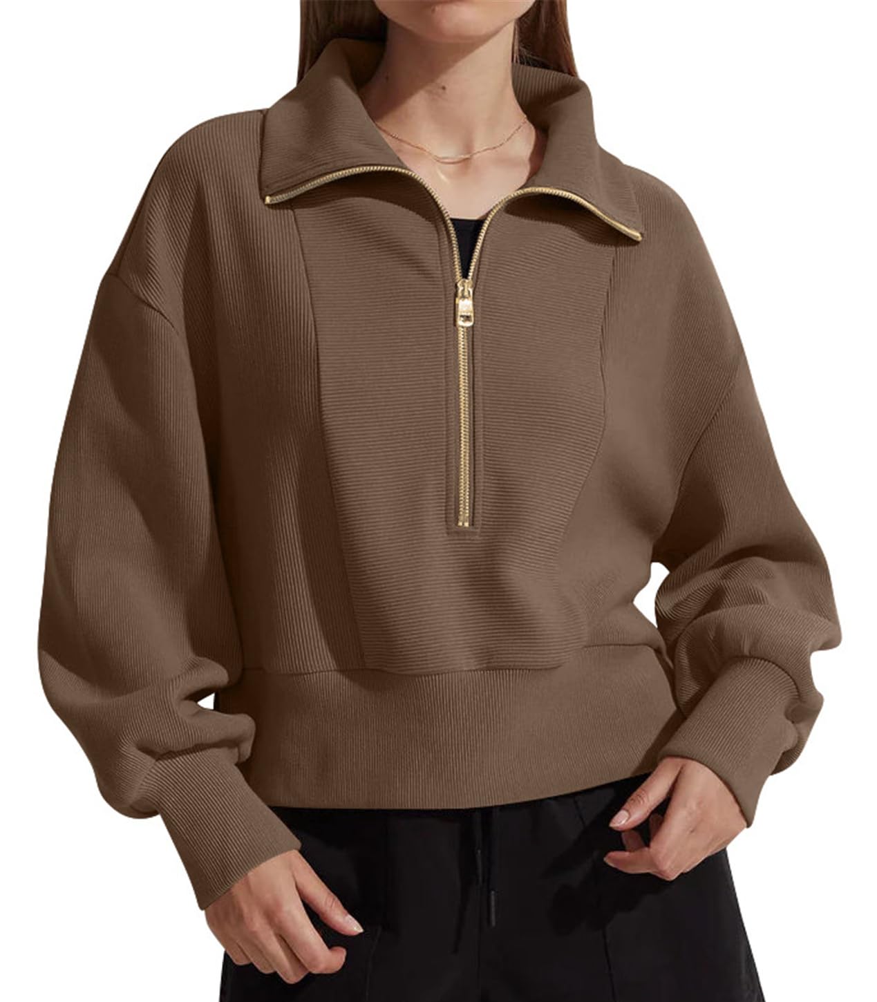 Ladies Dark Brown Oversized Half Zip Cropped Sweatshirt with Split Side - Casual Autumn/Spring Top-image-c5348da2-431d-469c-988f-80e3248968d2-66624