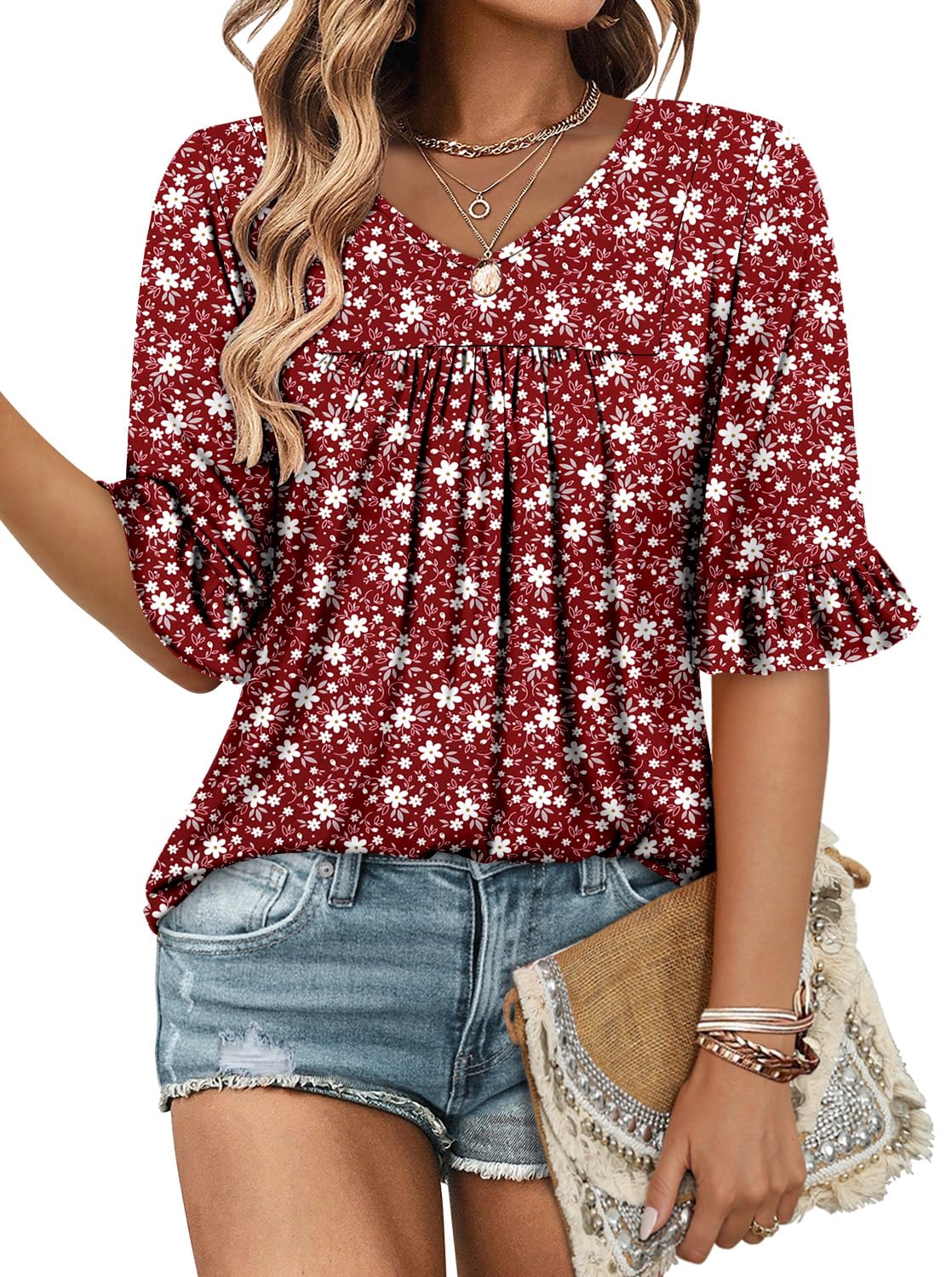 Women's V Neck 3/4 Sleeve Tunic Top - Tomato Red 18-image-58014626-3f9d-45e5-a420-f8853fad34b6-100595