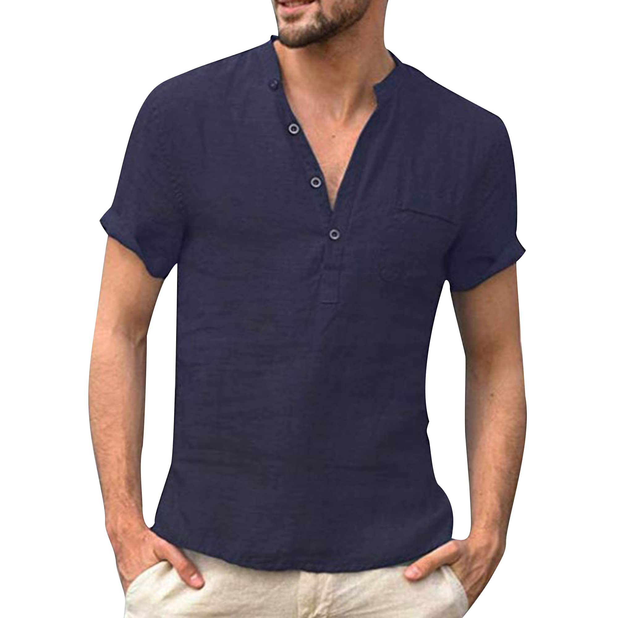 Men's Navy XXL Linen Cotton Button Short Sleeve Summer Shirt - Casual & Stylish-image-d77c5dea-8b90-4b70-b288-446af50c593a-59021