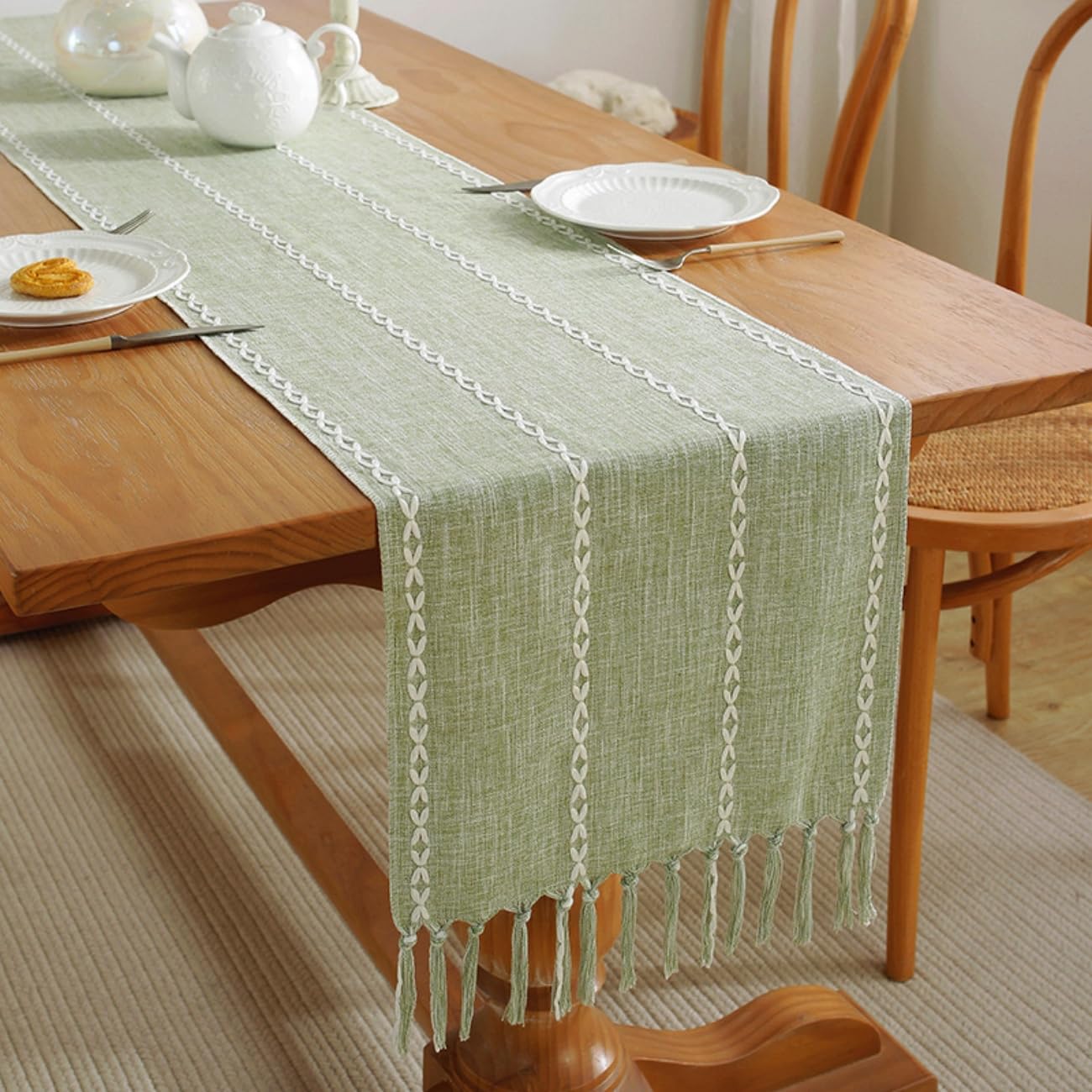 LOZULO Cotton Linen Cream Table Runner Modern Boho Coffee White 140cm