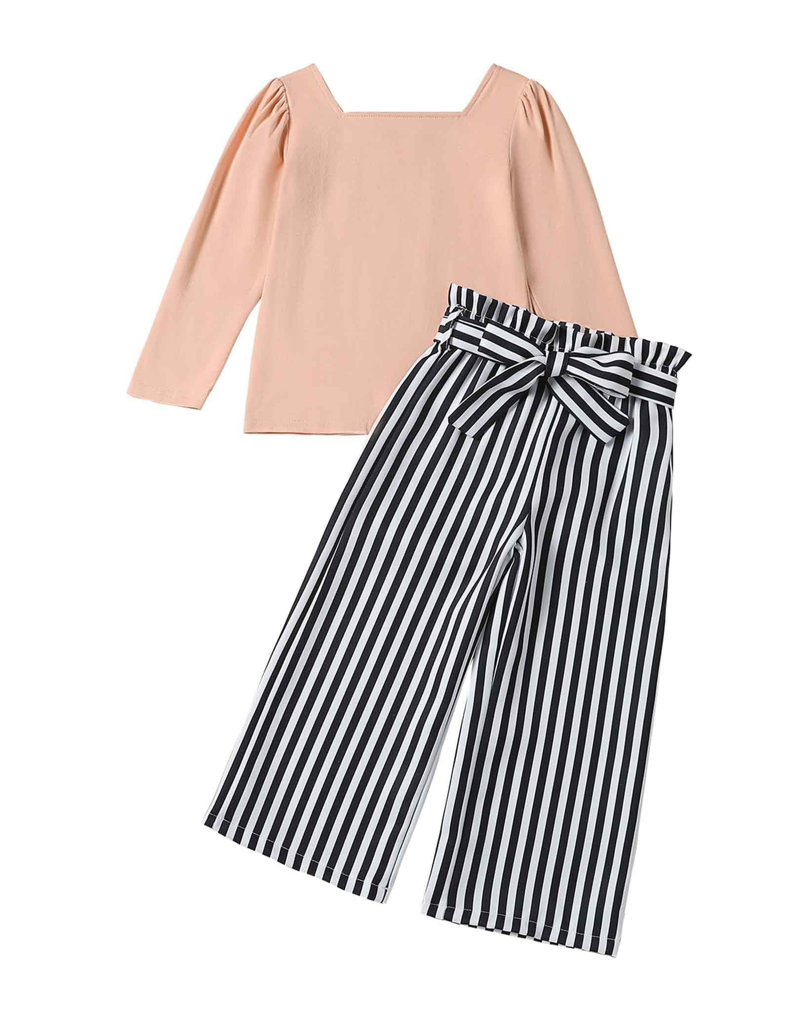 Stylish Girls' Square Neck Puff Sleeve Top & Striped Pants Outfit, Ages 2-7 - Pink or Purple-image-e01b1ee9-b688-42e3-9a3a-9fae2233c8e5-54926