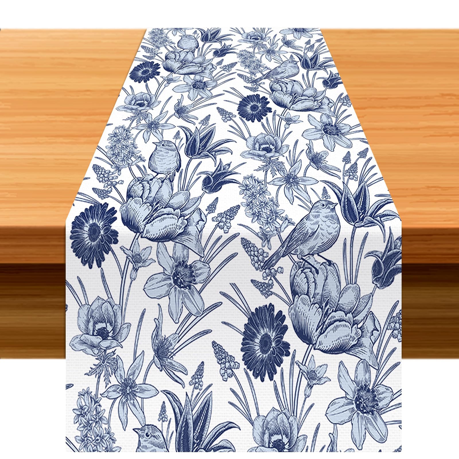 Fycyko Table Runner Bird Flower Design Linen Table 33x183cm Blue-image-bcf2d567-33ee-4f6a-8033-097453c7476c-64903