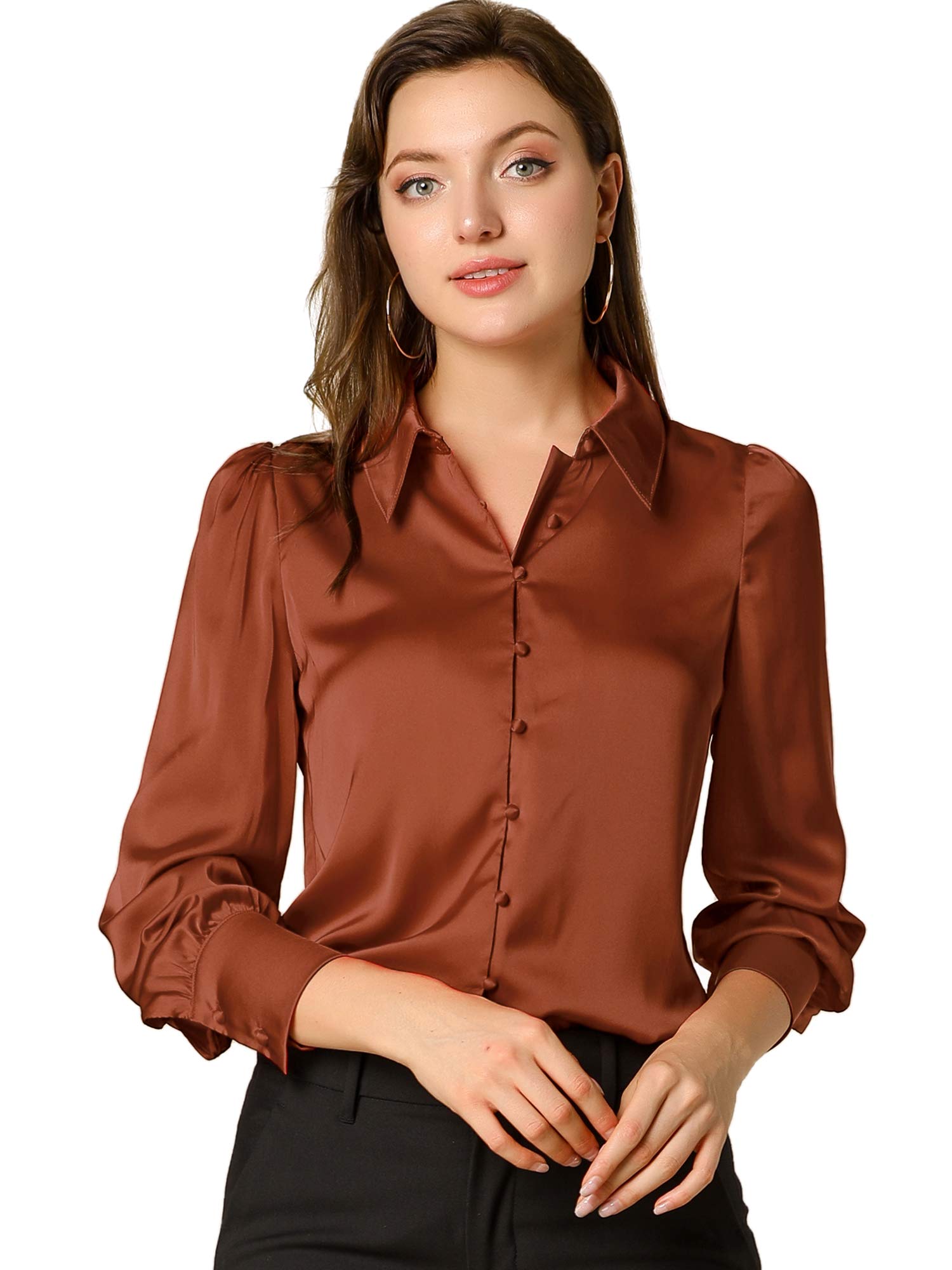 Women's Satin Puff Sleeve Blouse - Burnt Orange UK 8-image-aeec6f17-6a78-4088-8e98-4b6f869bd8c4-102348