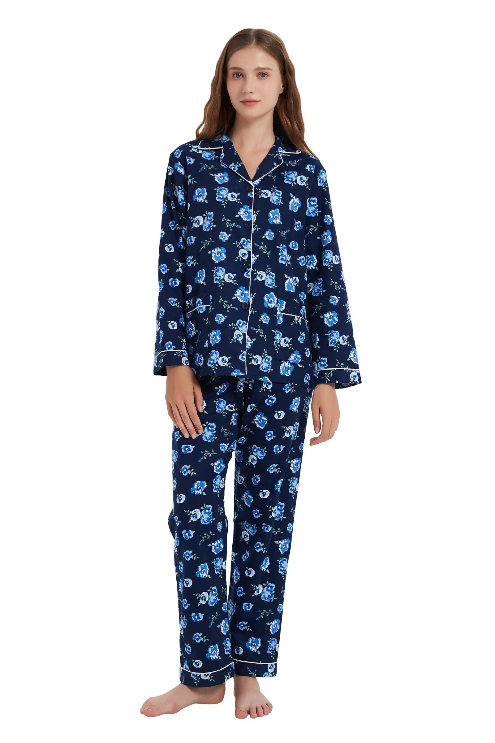 Women's Cotton Flannel Pyjamas Set - Dark Blue Floral Flower M-image-683c5fa6-b101-40c6-8faf-f8be7cf6e714-115529