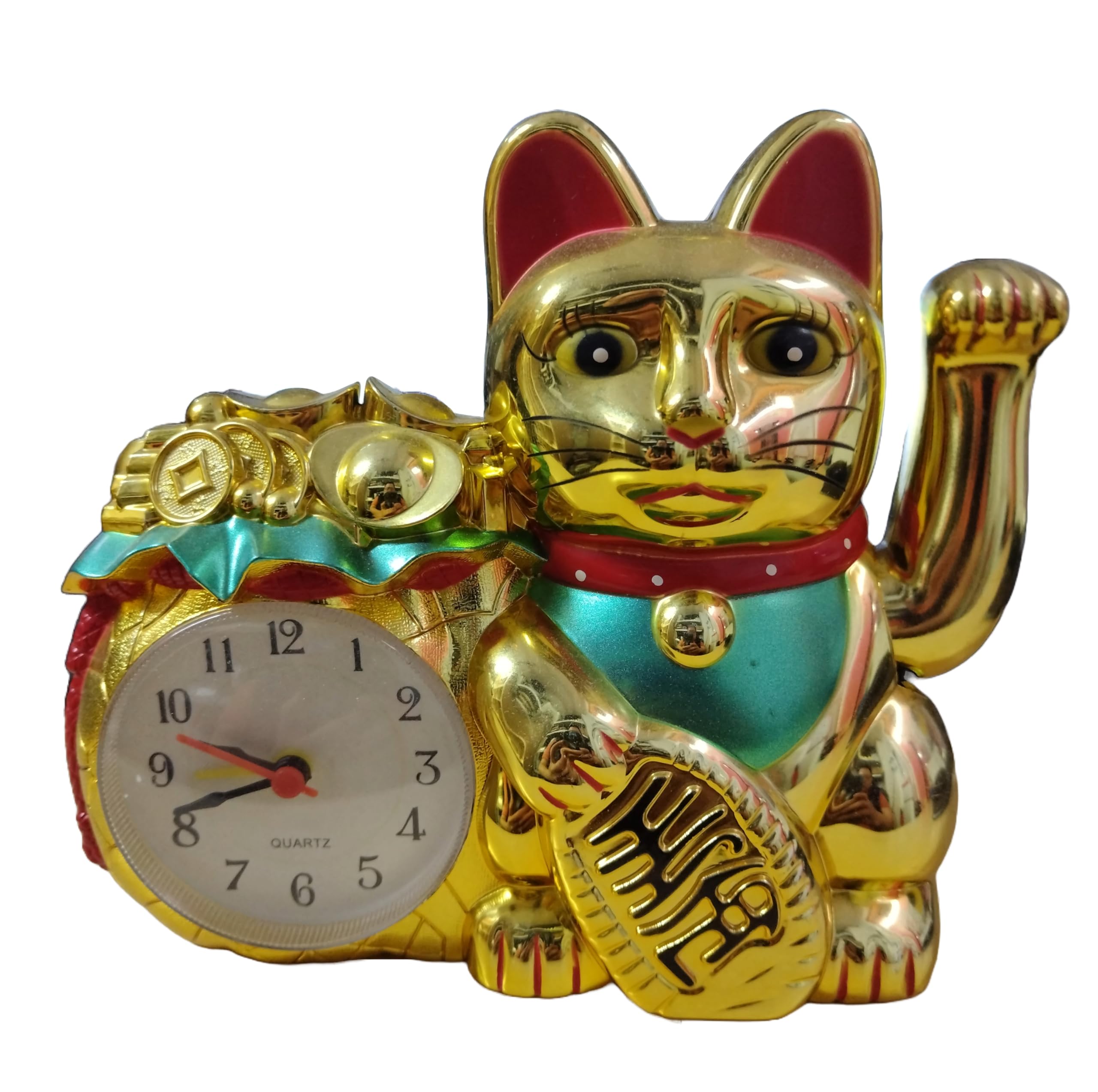 Golden Maneki-Neko Lucky Cat Charm with Clock - 6 Inch Waving Arm Fortune Cat-image-dcd7d592-91b3-4946-b0de-7ade22593fdf-63051