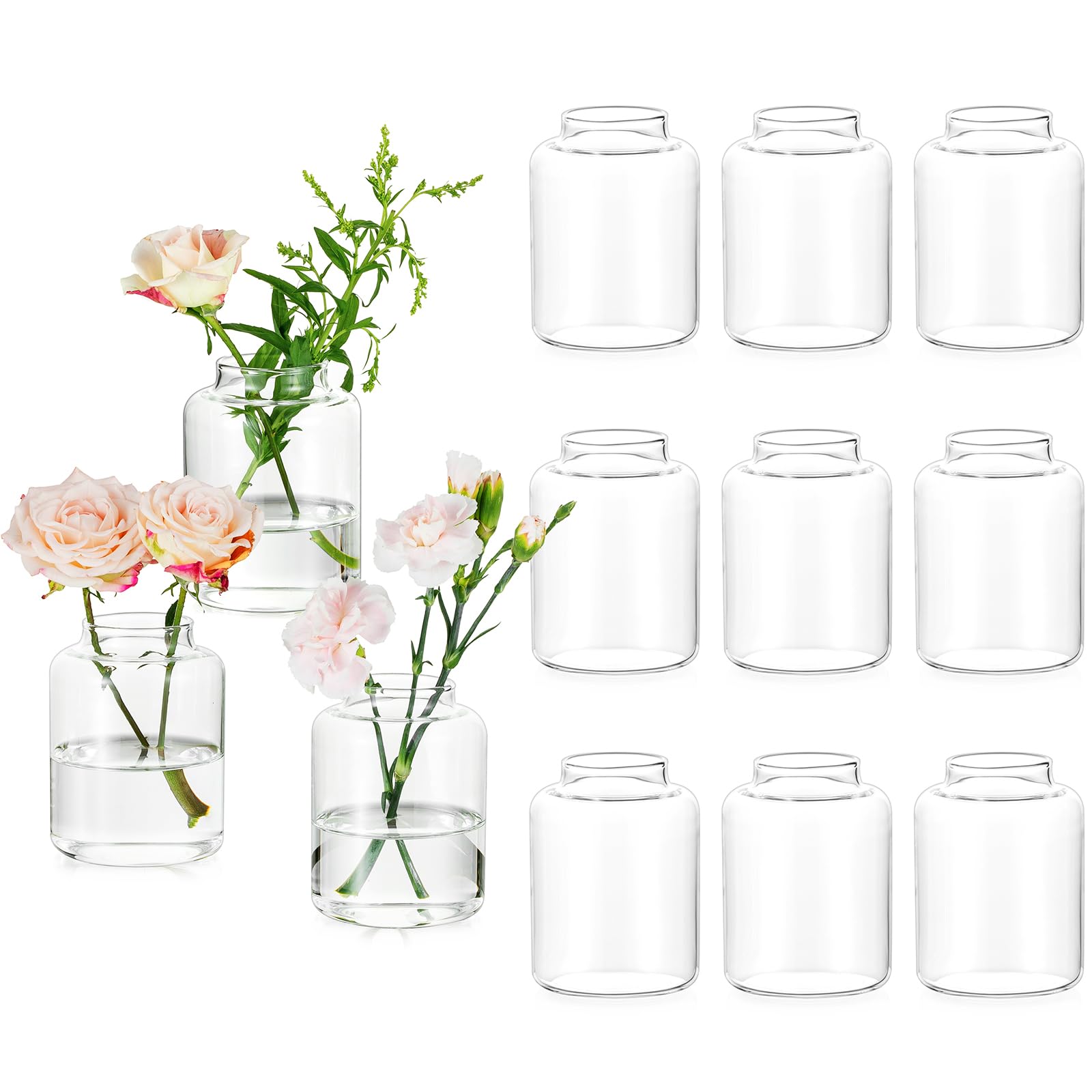 12 Pcs Clear Glass Vases Set for Table Decor - Ideal for Weddings & Home Interiors